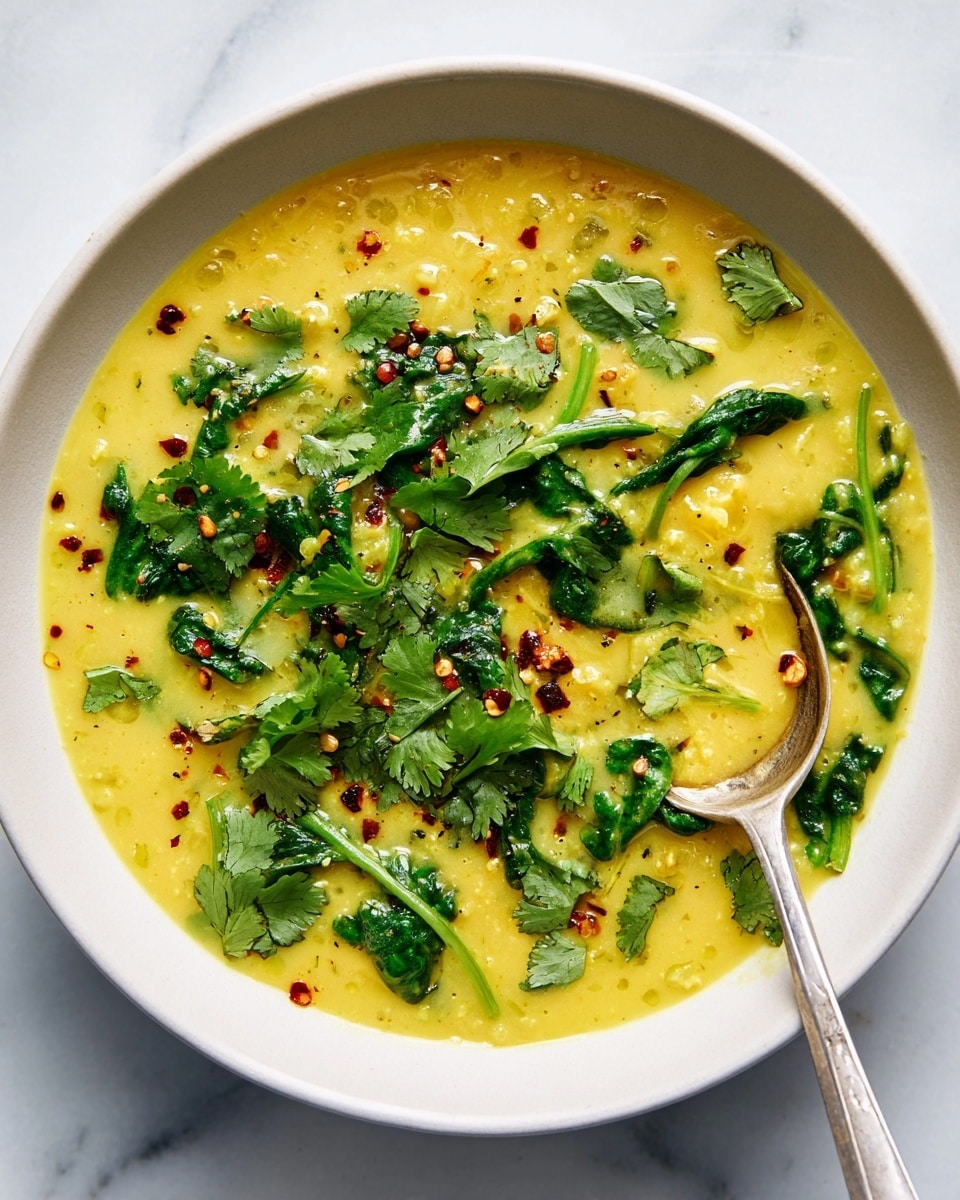 The image shows a creamy yellow soup served in a white bowl placed on a white marbled surface. The soup has a smooth texture with small chunks and is mixed with vibrant green spinach leaves and fresh cilantro sprinkled on top. Red chili flakes are scattered throughout, adding tiny red spots contrasting with the yellow and green colors. A silver spoon is partially submerged in the soup, resting on the side of the bowl, catching some light that reflects softly. The overall look is warm, fresh, and inviting, with a mix of smooth and leafy textures. photo taken with an iphone --ar 4:5 --v 7