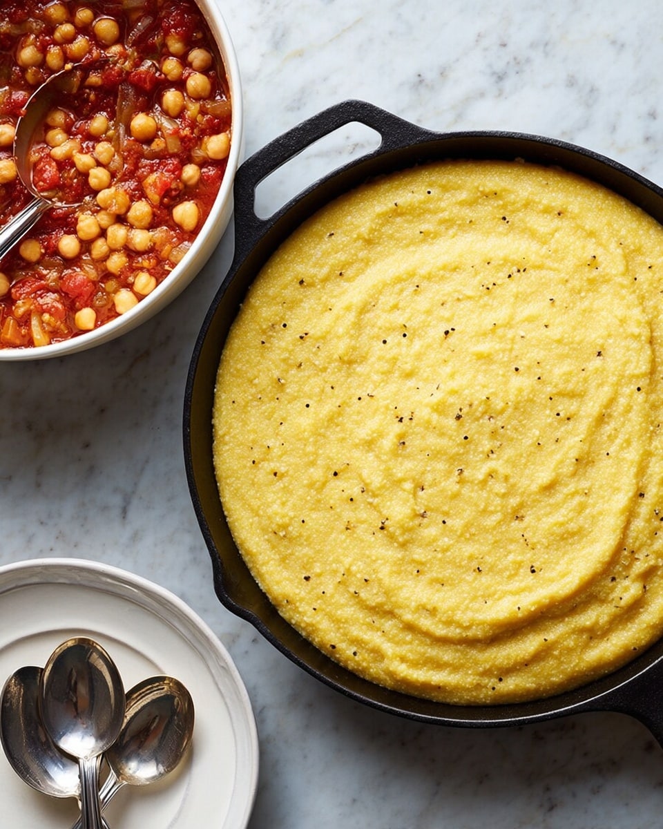 A black cast iron pan filled with a thick, creamy yellow polenta mixture that has a slightly grainy texture and small black pepper specks, placed on a white marbled surface. To the left, there is a white pot containing a chunky, tomato-based sauce with whole chickpeas in bright red sauce mixed with some onions, and a pair of silver serving spoons resting inside. Below the pot, a white plate holds two silver spoons. The colors mainly include vibrant yellow, rich red, and shiny silver tones set against the soft white marble background. photo taken with an iphone --ar 4:5 --v 7