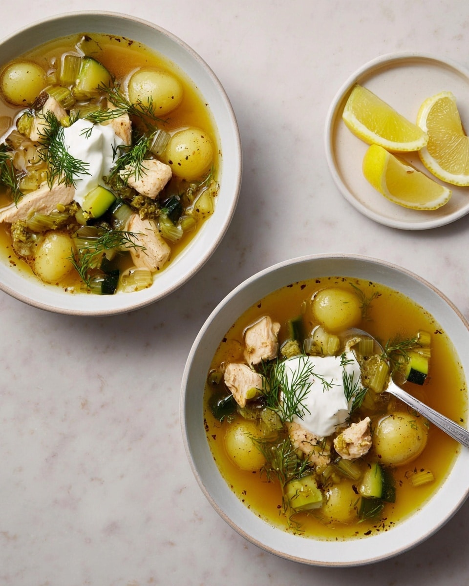 Two wide white bowls contain clear golden broth soup filled with medium-sized pale yellow baby potatoes cut into halves, tender light brown chicken chunks, and small green zucchini pieces. Both bowls have a dollop of white sour cream on top, garnished with fresh green dill and a sprinkle of black pepper. One bowl has a metal spoon resting inside, and near the bowls, on the white marbled surface, are two lemon wedges on a small white plate with some sea salt scattered around. photo taken with an iphone --ar 4:5 --v 7