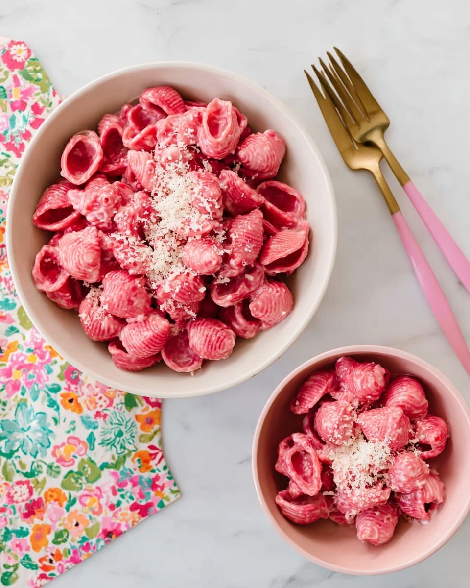 This image shows two white bowls filled with bright pink pasta shells that have a swirled texture, each shell coated evenly in a creamy sauce. The larger bowl sits on the left, filled with more pasta, while a smaller bowl on the right holds fewer shells. Both bowls have a light sprinkle of white grated cheese on top. The bowls are placed on a white marbled surface with a colorful floral cloth partially visible on the left side and a pink fork on the upper right. Photo taken with an iphone --ar 4:5 --v 7