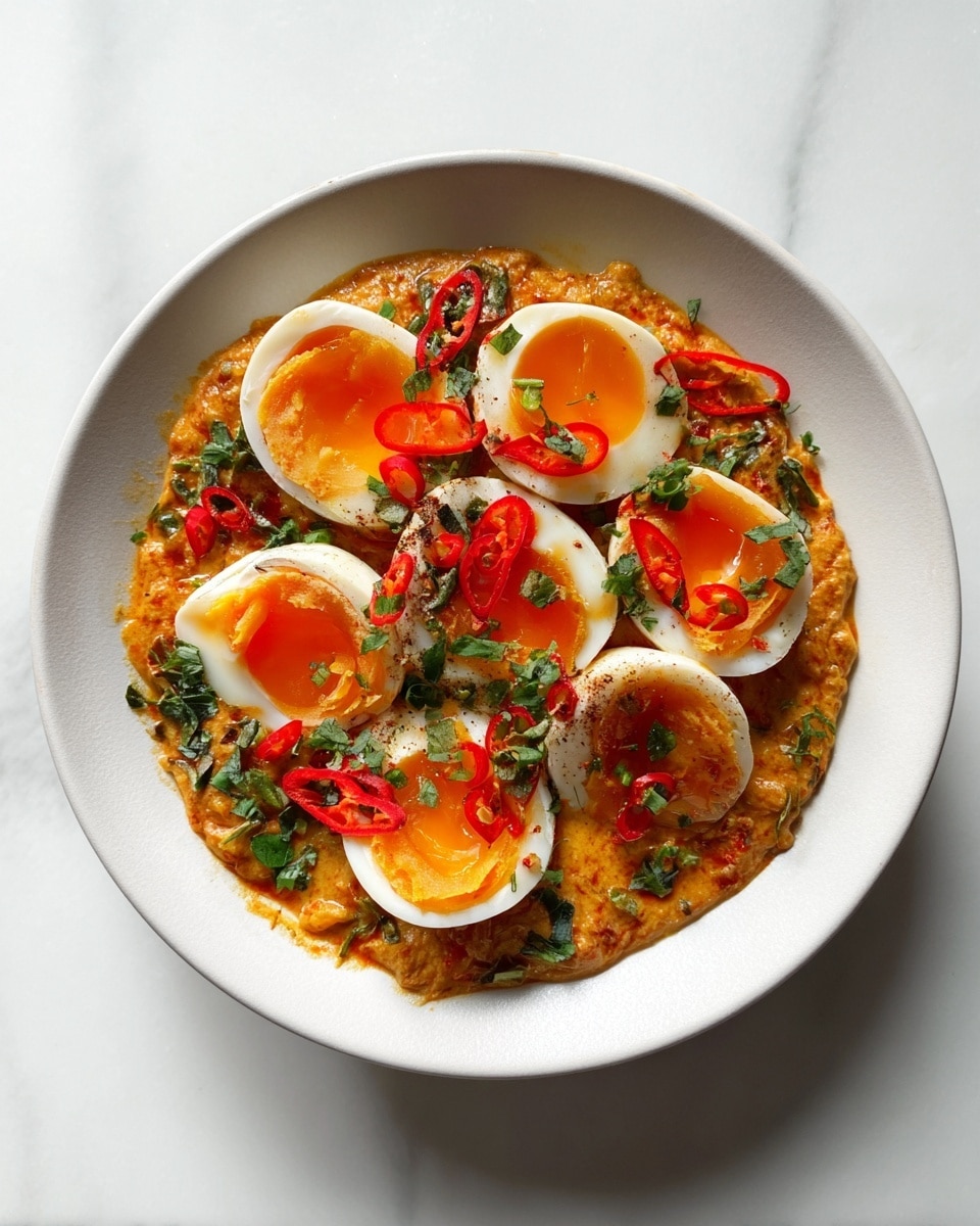 The image shows a white plate filled with a creamy, orange-colored curry base thickly spread on the bottom. There are four halved soft-boiled eggs placed on top, each with bright orange yolks and white edges. Red chili slices and chopped fresh green herbs are scattered across the curry and eggs, adding pops of color. On the right side of the plate, a silver spoon rests partially in the dish, with some of the curry and rice mixture on it. The plate is set on a smooth white marbled surface. Photo taken with an iphone --ar 4:5 --v 7