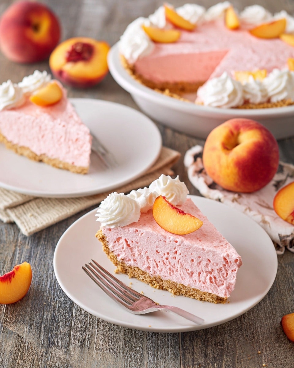 The image shows a creamy peach mousse pie with three visible layers: a rough light brown crumbly crust at the bottom, a thick pink mousse middle layer with a textured, airy look, and a small swirl of white whipped cream on top of each slice. One slice placed on a white plate is decorated with a small peach slice on top of the whipped cream. The whole pie is in a white dish with more whipped cream swirls around the edges and peach slices as decoration. Two whole peaches and scattered peach slices lie around the pie on a rustic wooden surface. Two forks rest beside the plates, ready for eating. Photo taken with an iphone --ar 4:5 --v 7