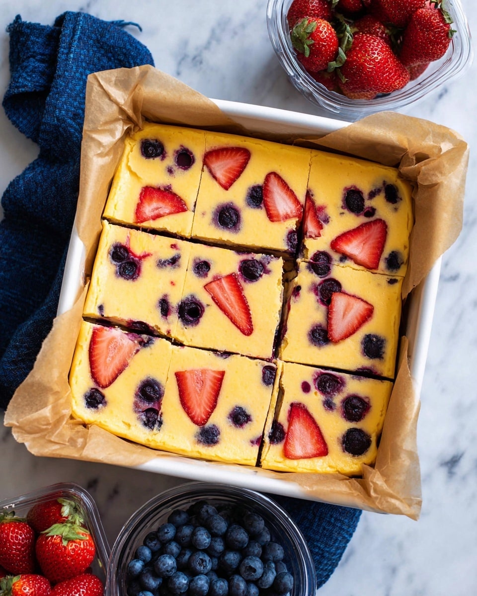 A square baked dessert in a baking pan lined with brown parchment paper sits on a white marbled surface with a blue cloth nearby. The dessert has one visible layer of creamy, pale yellow cheesecake filling dotted with whole and halved strawberries and blueberries, with some purple juice slightly spreading into the creamy layer. The edges of the dessert are lightly browned and slightly puffed. photo taken with an iphone --ar 4:5 --v 7