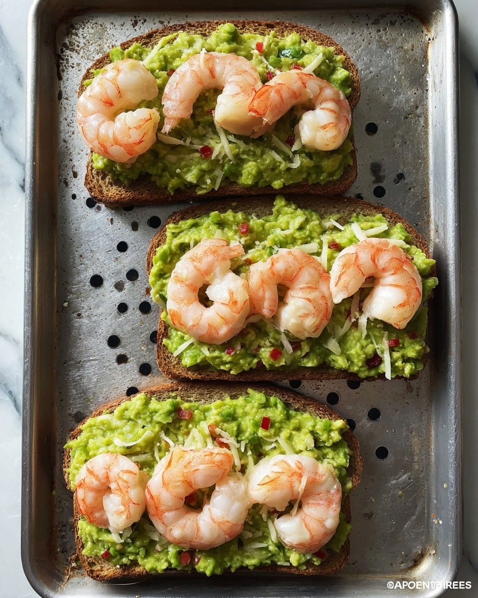 Three slices of toasted brown bread lie on a metal tray with holes. Each slice is topped with a thick layer of bright green mashed avocado mixed with small bits of red pepper and shredded white cheese, creating a textured and creamy surface. On top of each avocado layer are several plump, pink and white cooked shrimp, neatly arranged in small clusters, adding a contrasting smooth and shiny texture. The photo is taken from above on a white marbled surface. photo taken with an iphone --ar 4:5 --v 7