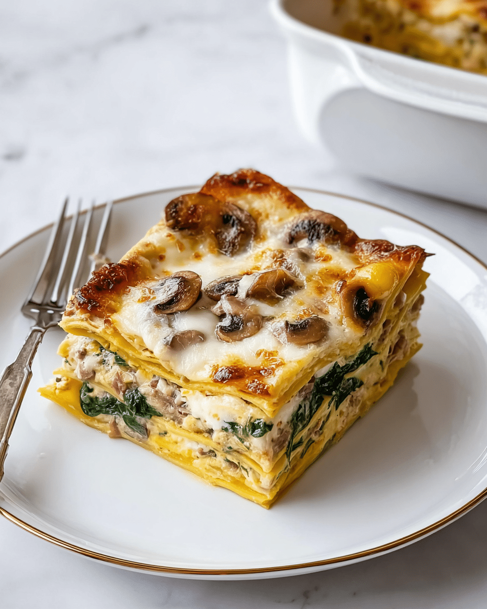 A slice of lasagna with six visible layers sits on a white plate with a thin gold rim, placed on a white marbled surface. The bottom layer is a smooth, bright orange sheet, followed by a layer of sautéed mushrooms with brown tones and a bit of light green spinach. Next is another orange pasta sheet, topped with fresh green spinach leaves mixed with more mushrooms. Above that is another orange pasta layer, covered with melted cheese that is golden brown and bubbly, with small bits of herbs sprinkled on top. The lasagna appears moist and soft, with slight browning around the edges. Photo taken with an iphone --ar 4:5 --v 7