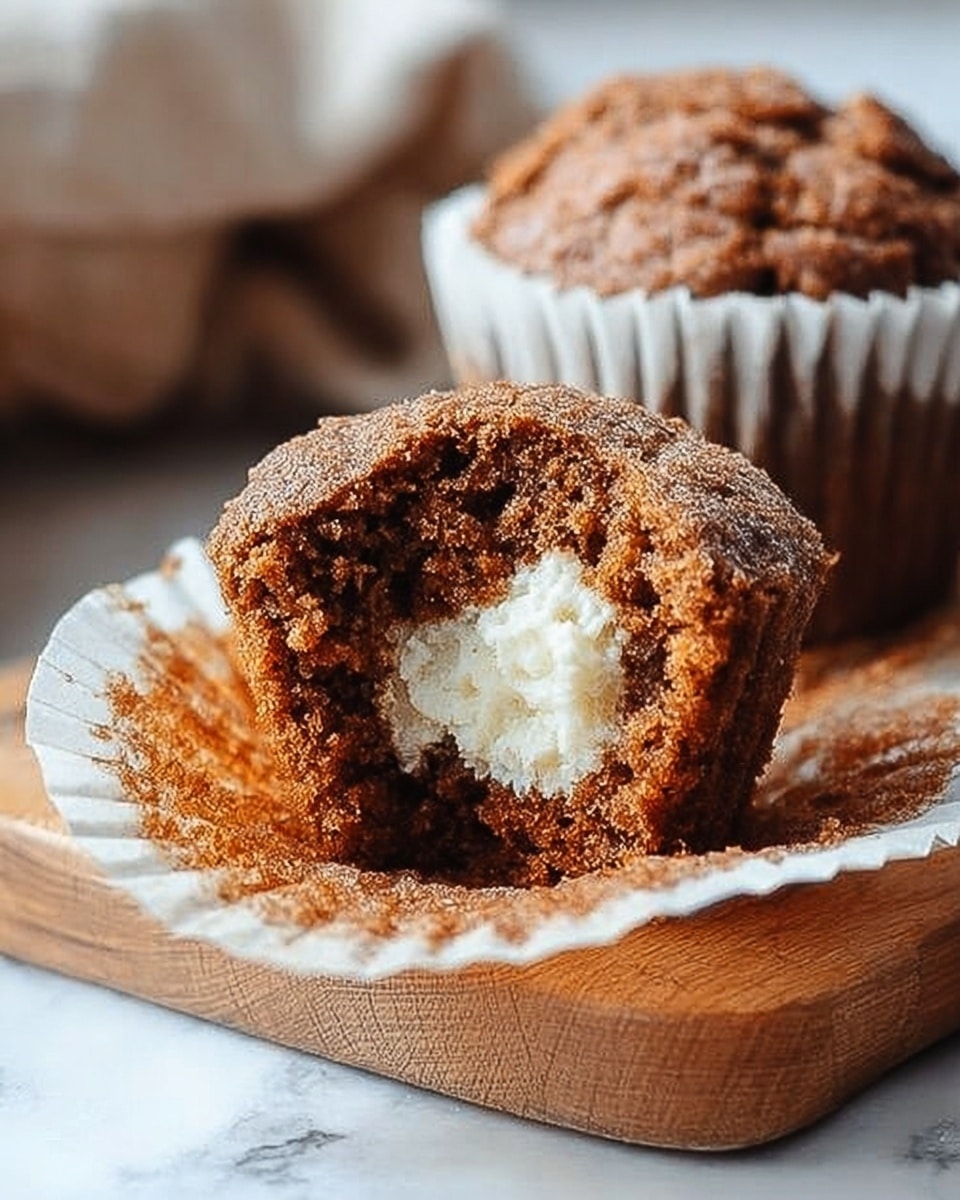 A close-up of a single brown muffin with a crumbly texture and sugar crystals on top, set inside a white fluted paper cup. The muffin is broken open in the middle, showing a creamy white filling inside. The muffin sits on a light brown wooden board with another whole muffin partially visible on the side. The background is a white marbled texture. Photo taken with an iphone --ar 4:5 --v 7