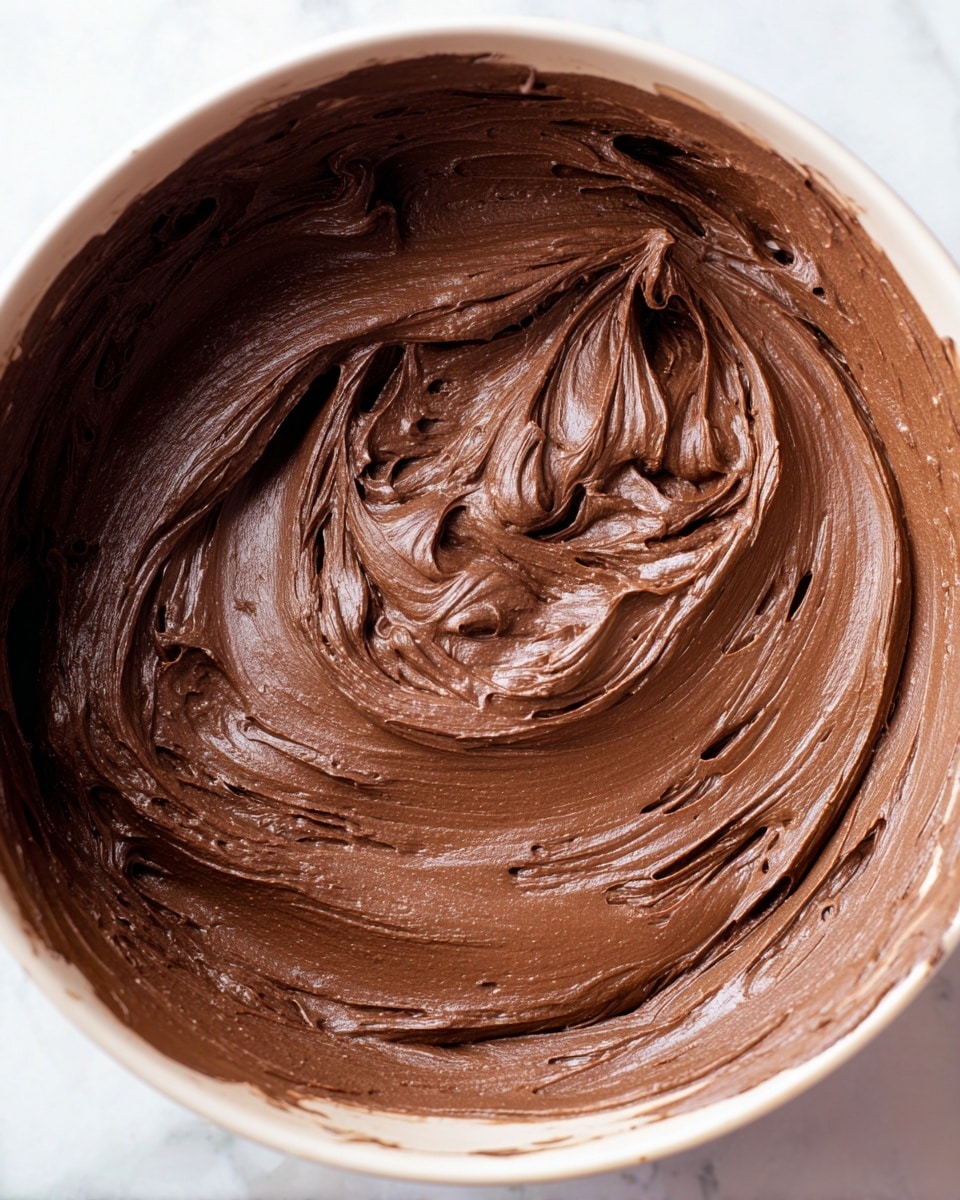 The image shows a close-up of smooth, creamy chocolate frosting swirling inside a white bowl. The frosting is thick and glossy with a rich brown color, filling the bowl almost to the rim. The swirls create textured patterns, with soft peaks and ridges visible, showing its light and airy texture. The white marbled background contrasts with the dark chocolate frosting, making it stand out. photo taken with an iphone --ar 4:5 --v 7