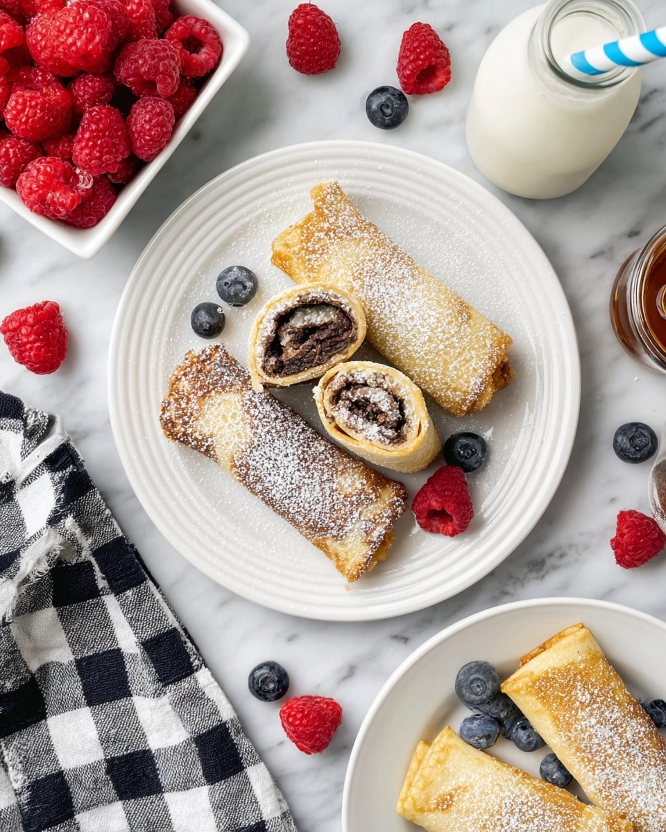 The image shows a white round plate with four rolled crepes dusted with powdered sugar. Two of the crepes are whole and golden brown, while the other two are cut in half, revealing a dark, rich chocolate filling inside with a slightly textured surface. Around the plate are fresh raspberries and blueberries, scattered on a white marbled surface. To the top right, there is a small milk bottle with a blue and white striped straw, and a syrup bottle with a silver cap is partially visible. Part of another white plate with two whole rolled crepes, also dusted with powdered sugar and some blueberries, is seen at the bottom right. On the left side, a white square bowl filled with raspberries and a black and white checkered cloth complete the setting. Photo taken with an iphone --ar 4:5 --v 7