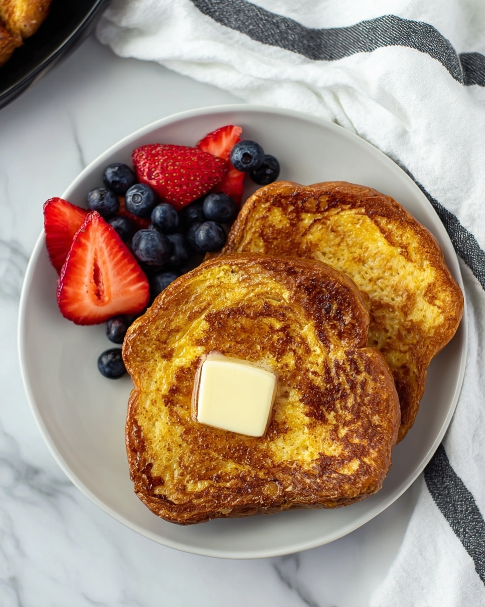 The image shows a white plate holding two thick slices of golden-brown French toast with a square of pale yellow butter melting on top of the front slice. To the upper left side of the toast, there is a small pile of fresh berries, including bright red strawberry slices and dark blue blueberries, adding vivid color contrast. The plate is set on a white marbled surface with a soft, white cloth featuring black stripes near the top right corner of the frame. Photo taken with an iphone --ar 4:5 --v 7
