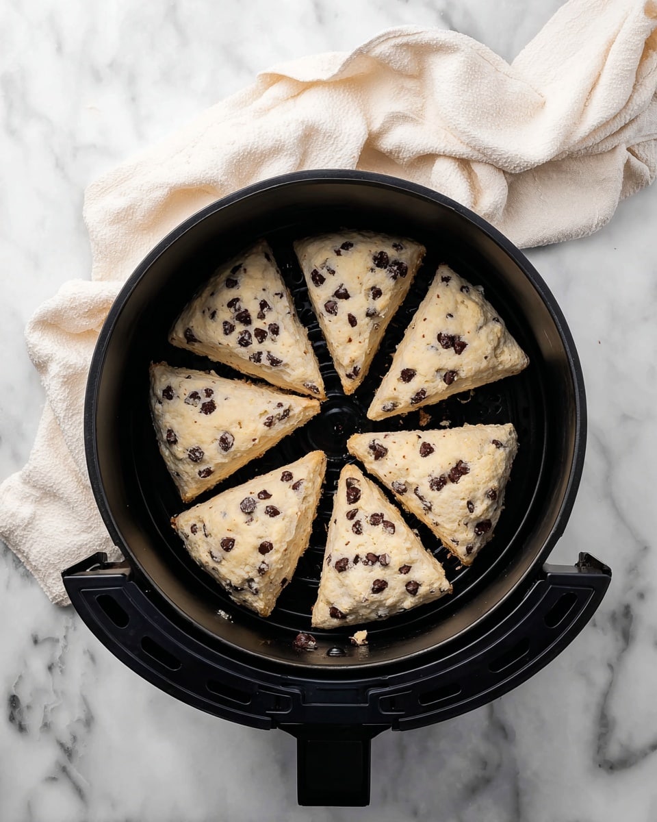 Inside a black air fryer basket on a white marbled surface, there are eight triangular scones arranged in a circle. Each scone is light beige in color with many dark chocolate chips scattered evenly throughout. The scones have a slightly rough texture, showing the dough is soft and ready to be baked. Near the air fryer, a light cream-colored cloth is casually placed, adding a soft texture contrast to the scene. Photo taken with an iphone --ar 4:5 --v 7