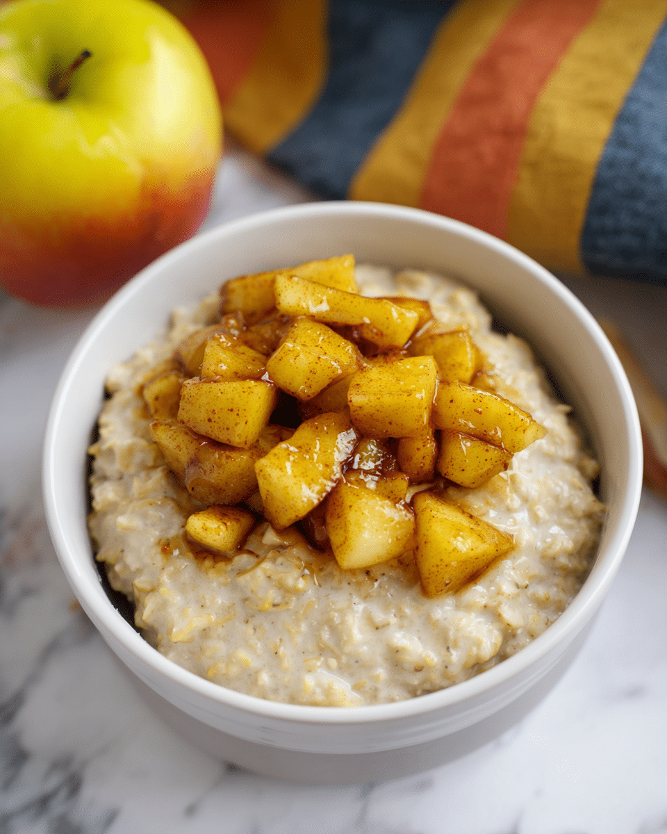 A white bowl filled with a creamy beige oatmeal base, topped with a layer of golden-brown caramelized apple chunks that have a soft shine and slightly crisped edges, all set on a white marbled surface. The oatmeal layer has a thick, textured look with soft lumps, while the apple pieces are cut into small cubes and arranged unevenly on top. In the background, a yellow-red apple and part of a striped cloth with blue, orange, and yellow stripes are visible. photo taken with an iphone --ar 4:5 --v 7