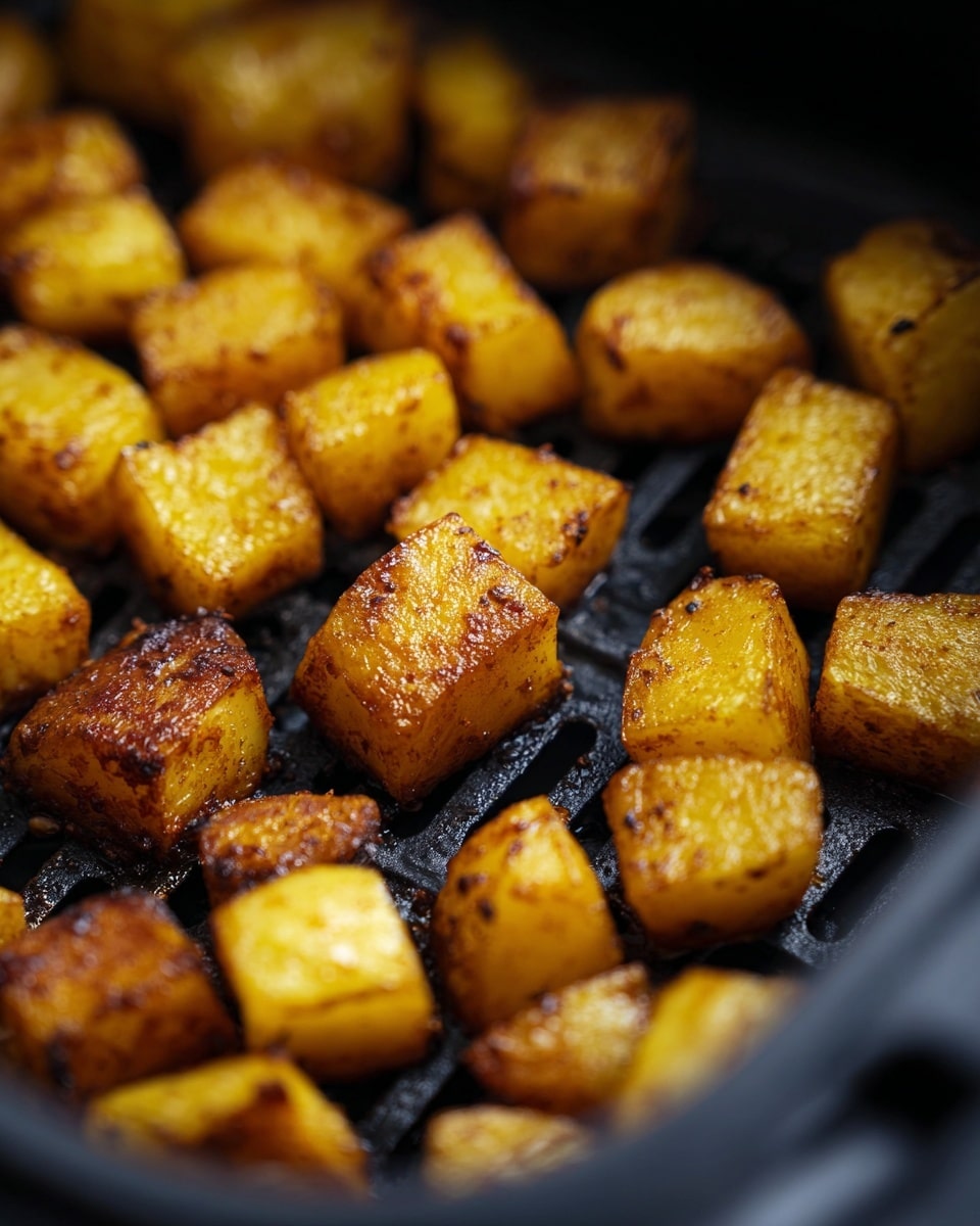 The image shows a close-up of golden-brown, cubed cooked potatoes with a crispy texture on a black air fryer basket with visible grill lines. The cubes vary in size, featuring slightly charred edges and a shiny surface that looks well-seasoned, suggesting a mix of spices and oil. The pieces are arranged loosely, filling the basket unevenly, and the background is blurred to focus on the rich colors and details of the potatoes. The overall look is warm and appetizing, highlighting the contrast between the dark grill and the yellow-golden potatoes. photo taken with an iphone --ar 4:5 --v 7
