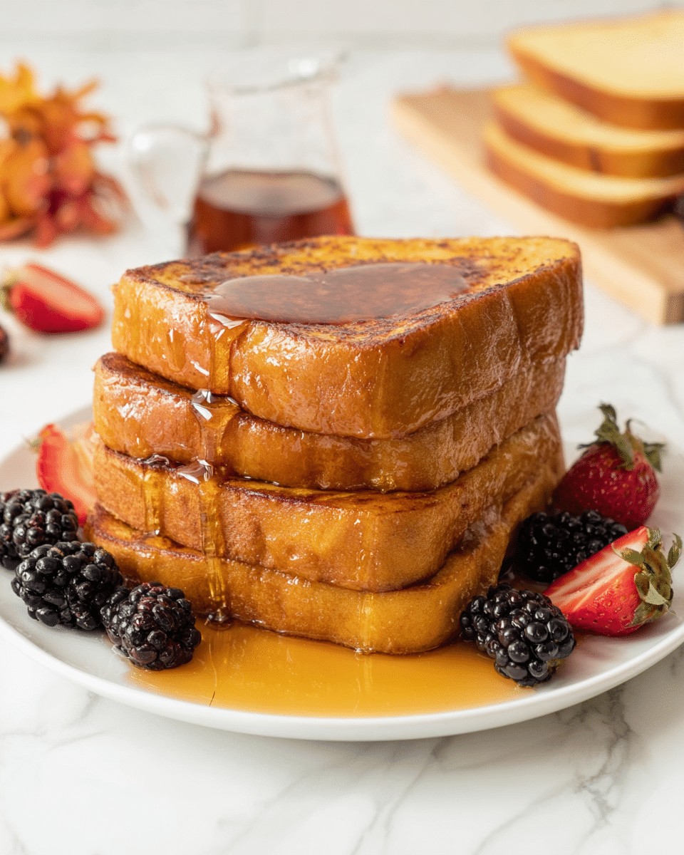 A stack of three thick slices of golden brown French toast is placed in the center of a white plate, with syrup dripping down the edges of each slice and pooling on the plate. Around the toast are fresh blackberries and sliced strawberries, adding bright red and deep purple colors. In the background, a glass syrup container and a few slices of white bread on a cutting board are slightly out of focus against a white marbled surface. photo taken with an iphone --ar 4:5 --v 7