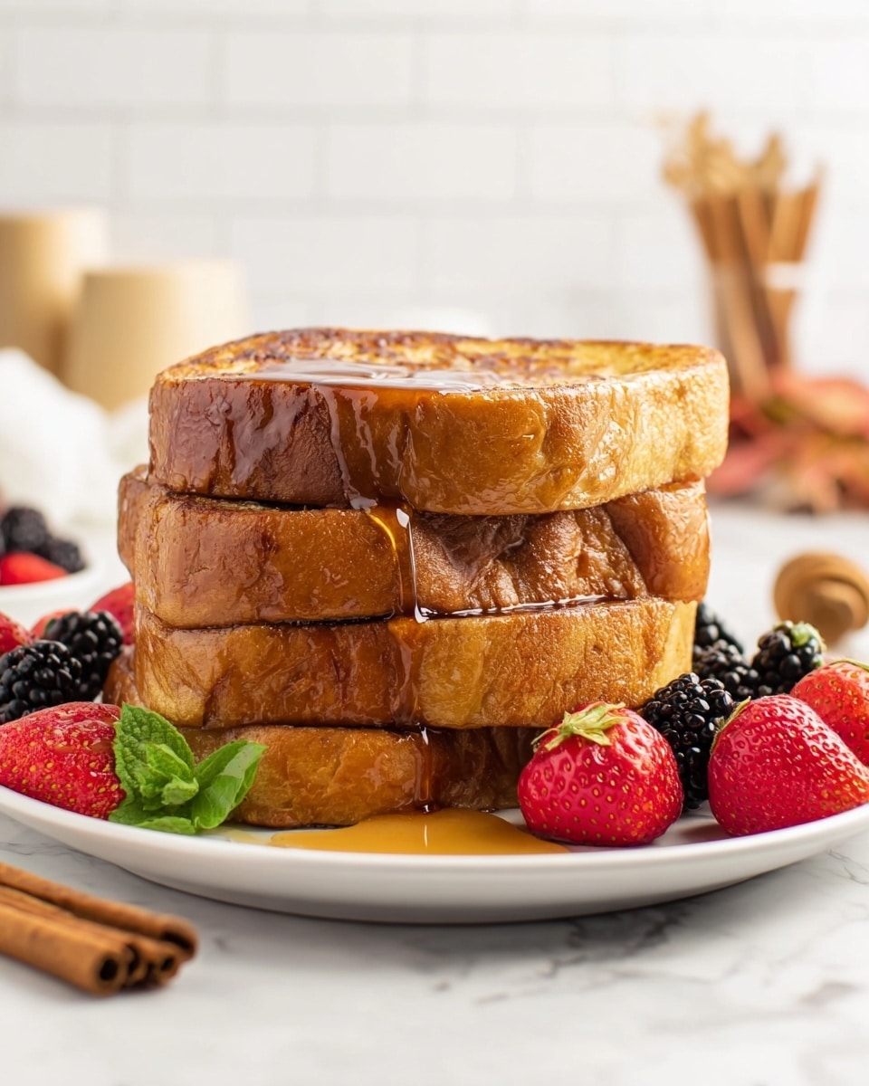 A stack of three thick slices of golden brown French toast sits in the center of a white plate, each slice showing a slightly crispy, textured edge and soft middle. Amber syrup drips down the sides of the top slice and pools lightly on the plate. Surrounding the toast are fresh fruit pieces: bright red halved strawberries with green leaves and deep black blackberries. The scene rests on a white marbled surface, with cinnamon sticks placed nearby, while soft kitchen elements blur in the background. Photo taken with an iphone --ar 4:5 --v 7