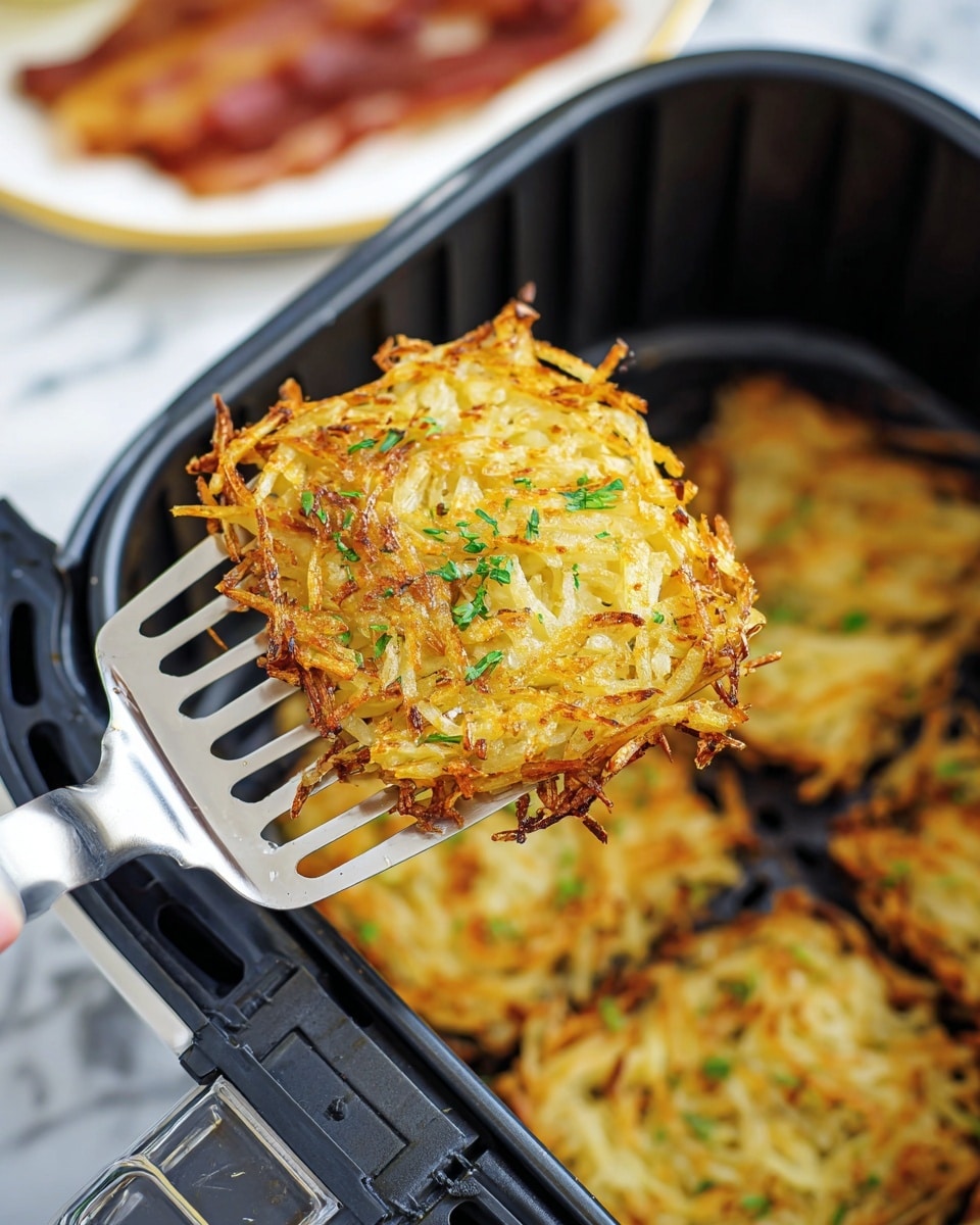 A close-up view of a crispy golden-brown hash brown patty held by a silver spatula over a black air fryer basket. The hash brown is square-shaped, consisting of thin, shredded potato strands that form a layered texture with crispy browned edges and light yellow-inside. Small green parsley bits are scattered on top, adding a fresh contrast in color. In the air fryer basket below, more hash brown patties with the same crispy golden texture are visible. The background is a white marbled surface with a blurred plate of cooked bacon in the distance. photo taken with an iphone --ar 4:5 --v 7
