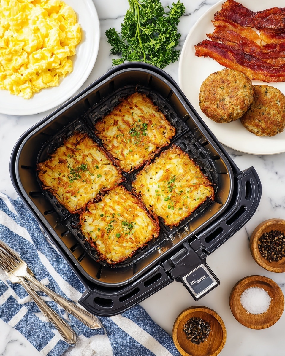 The image shows four golden brown hash brown squares in a black air fryer basket, each piece crispy on the edges and soft inside with a sprinkle of green herbs on top. Nearby, there is a white plate with cooked scrambled eggs and a small bunch of green parsley next to it. In the background, another white plate holds crispy strips of bacon and three round griddled breakfast sausage patties. Small wooden bowls contain whole black peppercorns and coarse salt, all placed on a white marbled surface alongside a blue and white striped cloth and vintage silver forks. photo taken with an iphone --ar 4:5 --v 7