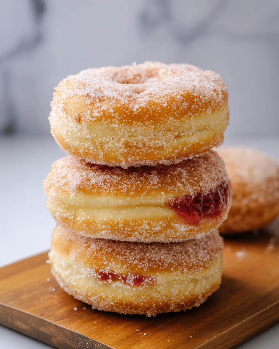 The image shows a close-up of a stack of three round, sugar-coated jelly-filled donuts placed directly on a small wooden board. Each donut is golden brown with a rough texture due to the sugar crystals all over the surface. The donuts have a soft, thick look with visible layers of dough, and you can see the red jelly peeking out from the sides of the middle and bottom donuts. The background is a white marbled texture, and the lighting highlights the sugar sparkle and the soft dough texture. photo taken with an iphone --ar 4:5 --v 7