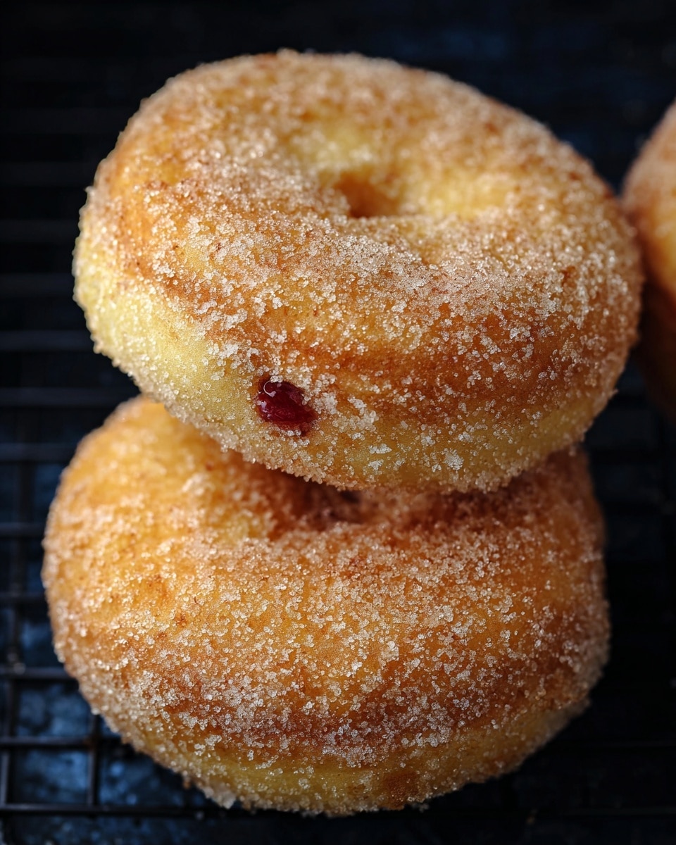 Two round, golden-brown sugar-coated donuts are shown on a dark grid surface, each donut has a rough texture from the sugar granules all over the top, with a slightly uneven surface. One donut is partly stacked over the other, showing a small hint of a red jelly filling peeking out from the side. The donuts have a warm, freshly baked look with a soft and fluffy texture inside that contrasts with the slightly crispy exterior. Photo taken with an iphone --ar 4:5 --v 7