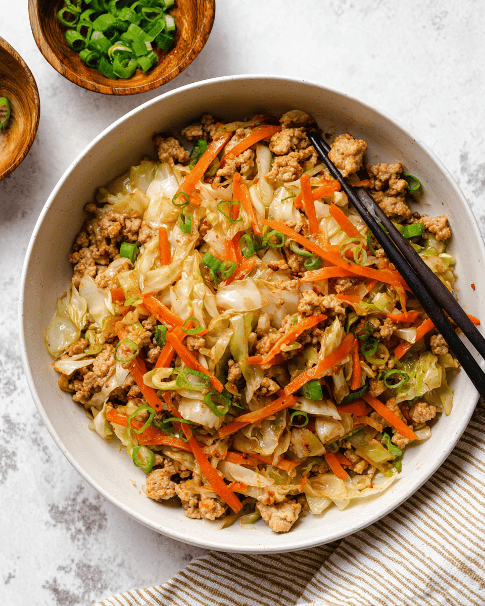 A white bowl filled with a mixed stir-fry featuring three main layers: the base layer consists of light brown cooked ground meat, followed by a layer of pale, slightly translucent cabbage pieces with a soft texture, and the top layer has thin, bright orange carrot sticks scattered evenly with small green chopped scallions adding fresh color. Black chopsticks are picking up some of the stir-fry from the right side of the bowl. The bowl sits on a white marbled surface with a small wooden bowl holding more green scallions in the top left corner and a white and beige striped cloth partially visible in the bottom right corner. photo taken with an iphone --ar 4:5 --v 7