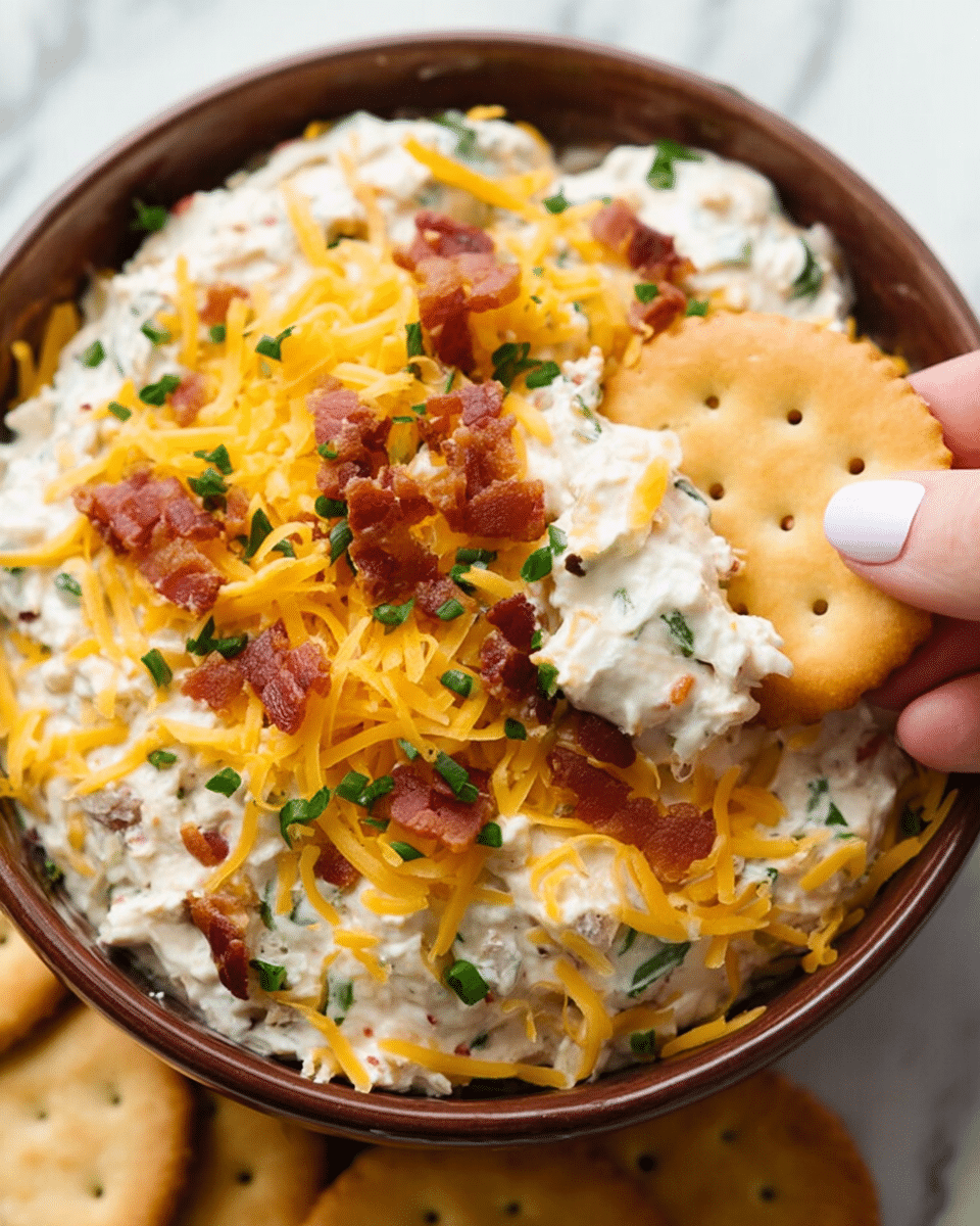A brown bowl filled with a creamy dip that has several layers: the base is thick and white with a smooth texture, mixed with finely chopped green herbs and bacon bits scattered on top, bright yellow shredded cheddar cheese spread unevenly across, and two round golden crackers partially dipped into the mix. A woman's hand with light pink nail polish is holding one of the crackers. The bowl is set against a white marbled surface, giving a clean and fresh look. photo taken with an iphone --ar 4:5 --v 7