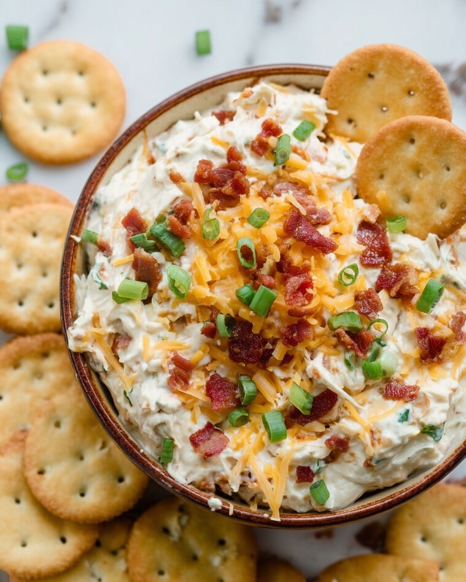 A close-up image of a creamy dip served in a rustic bowl with a brown rim placed on a white marbled surface. The dip contains a thick, white creamy base mixed with shredded orange cheese, green onion slices, and small bits of reddish-brown bacon evenly spread throughout. Two round golden crackers are partially dipped into the mix on one side of the bowl, while more crackers sit scattered around the bowl on the marble. The dip’s creamy texture contrasts with the crunchy toppings and crackers. Photo taken with an iphone --ar 4:5 --v 7