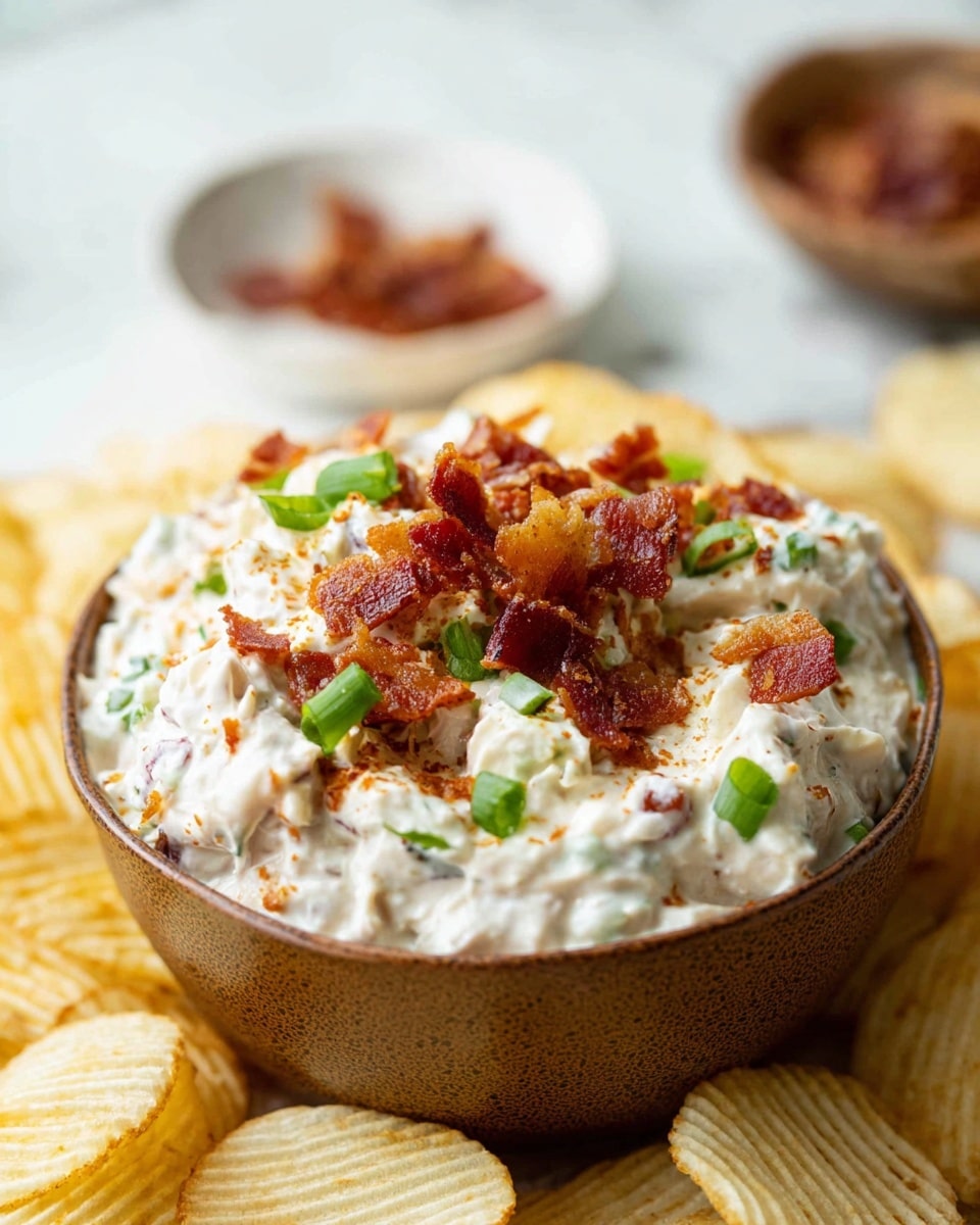 A close-up view of a white bowl filled with thick creamy dip mixed with small pieces of crispy reddish-brown bacon and bright green chopped spring onions, creating a textured and colorful mix. On top of the dip, a ridged golden-yellow potato chip is held by a woman's hand, dipped into the creamy mixture. The background is out of focus with some more potato chips scattered on a white marbled surface. The bowl has a slightly rustic texture and the scene is well-lit, showing the rich textures and details clearly photo taken with an iphone --ar 4:5 --v 7