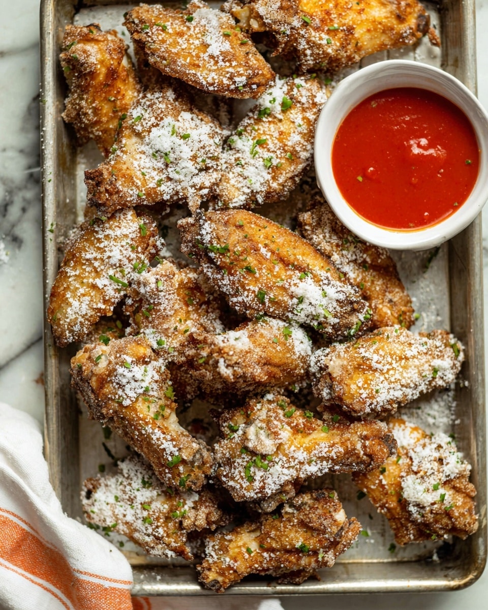 A metal tray is full of golden brown fried chicken wings with a rough, crispy texture, each piece dusted unevenly with white powdered sugar and sprinkled with small bits of green herbs. The wings are arranged close together, some overlapping, showing their crunchy coating with light and dark brown spots. On the upper right side of the tray, there is a white bowl filled with bright red hot sauce that has a smooth surface with a slight shine. The tray rests on a white marbled surface, and a corner of a white towel with orange stripes is visible on the bottom left. Photo taken with an iphone --ar 4:5 --v 7