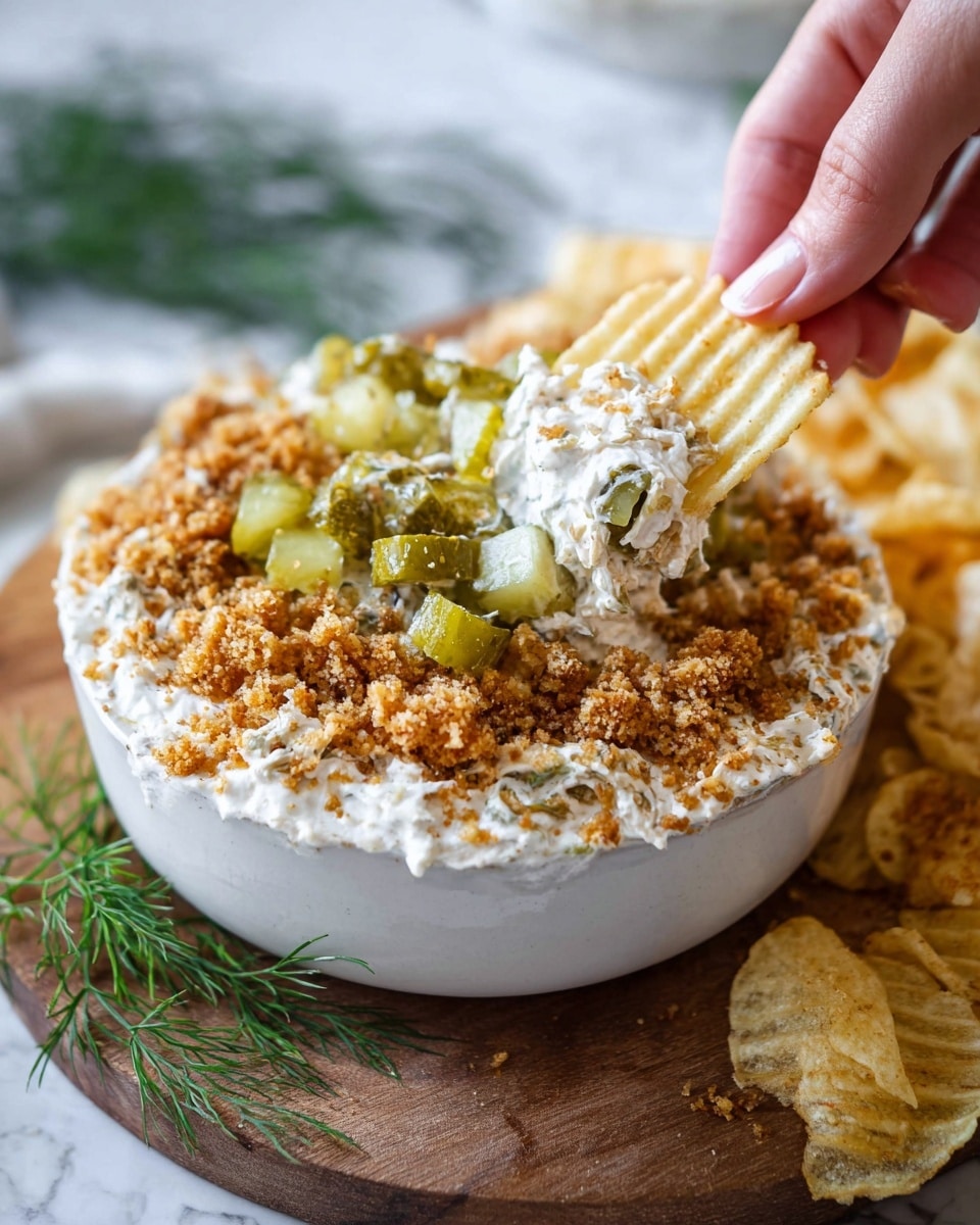 The image shows a close-up of a white bowl filled with a creamy white dip at the bottom layer, topped with a crumbly, golden-brown layer scattered all over, and small pieces of green pickle chunks spread across the top. A woman's hand is dipping a ridged potato chip into the dip, lifting a generous scoop that includes all the layers. The bowl sits on a wooden board with a few potato chips placed beside it, and there are some green herb sprigs near the board, all set against a white marbled background. Photo taken with an iphone --ar 4:5 --v 7