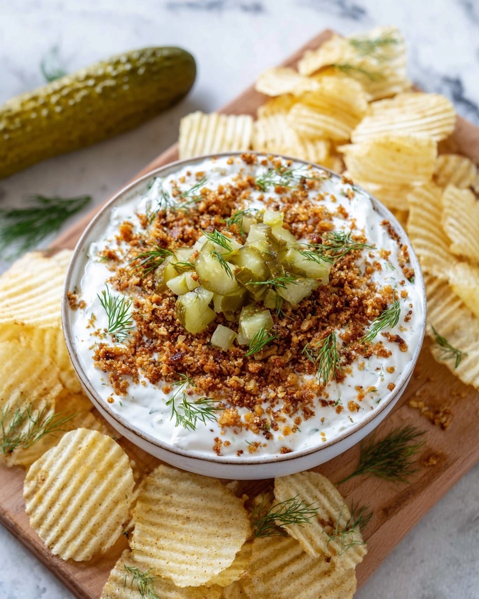 A round white bowl filled with three visible layers: the bottom layer is thick white creamy dip, the middle layer is a coarse mixture of golden brown toasted crumbs, and the top layer is small pieces of light green pickles scattered evenly with small sprigs of fresh dill. The bowl sits on a light wooden cutting board with a large whole pickle on the left side and ridged light yellow potato chips spread around it. The background is a white marbled texture. photo taken with an iphone --ar 4:5 --v 7