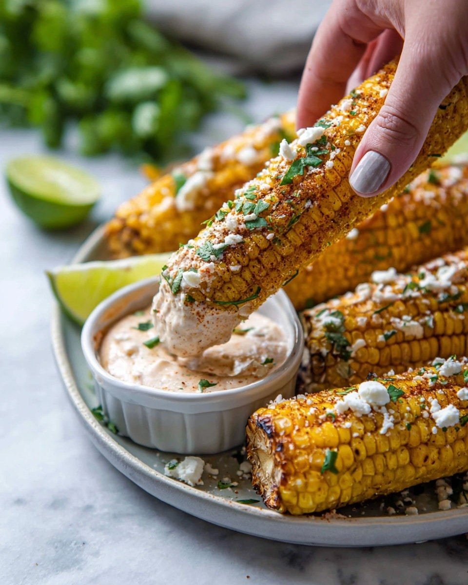The image shows a white oval plate filled with eight grilled corn on the cob pieces arranged in a slightly overlapping pattern. The corn is golden yellow with grill marks and scattered with white crumbly cheese and finely chopped green herbs. On the top left corner of the plate, there is a small white bowl filled with a creamy sauce that has a light brown tint and visible specks of seasoning. A halved lime with a light green interior rests next to the sauce bowl. Fresh cilantro sprigs are placed around the edge of the plate. The scene is set on a white marbled surface with parts of green corn husks and a white cloth with yellow stripes visible at the lower left side. photo taken with an iphone --ar 4:5 --v 7
