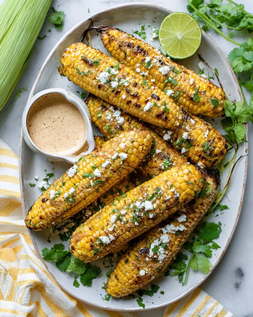 A close-up shows a woman's hand dipping a bright yellow grilled corn on the cob covered in spices, white cheese crumbles, and green herbs into a small white bowl filled with a creamy, slightly speckled sauce. The corn's texture is rough with grill marks, and the cheese adds a crumbly, soft layer on top. Behind the hand, several similar corn pieces lie on a white plate, garnished with green herbs, resting on a white marbled surface with lime wedges and leafy greens blurred in the background. Photo taken with an iphone --ar 4:5 --v 7