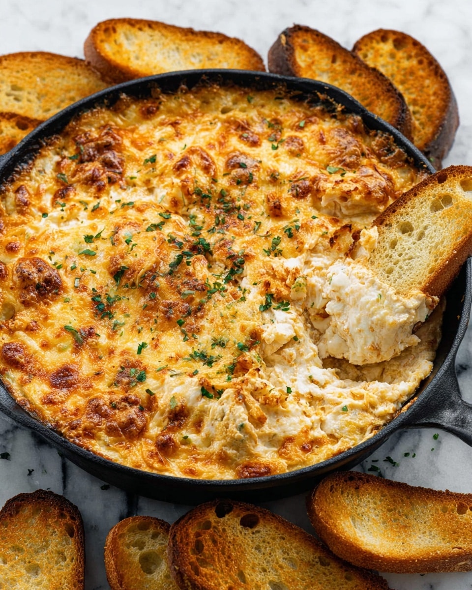 A close-up of a black round pan filled with a creamy, golden-brown baked dip with melted cheese forming a bubbly, slightly crispy top layer, sprinkled with small green herb pieces. Underneath the top layer, chunks of caramelized onions and creamy white dip are visible. A woman's hand is holding a small toasted bread slice dipped into the mixture, showing a textured, crunchy surface with specks of herbs. Around the pan, more toasted bread slices lie on a white marbled surface, adding a warm contrast to the rich dip. photo taken with an iphone --ar 4:5 --v 7