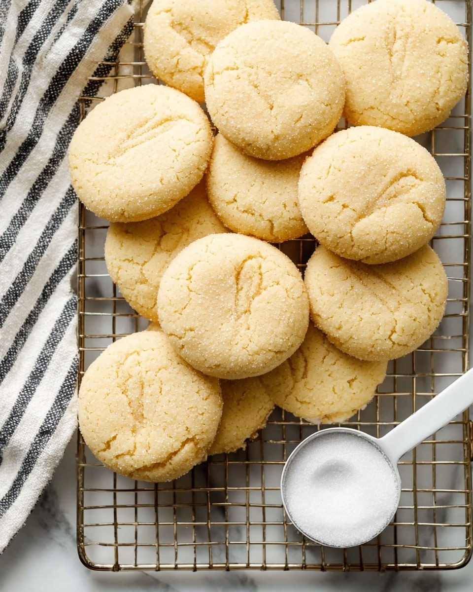 A group of round, light golden cookies with a soft, crumbly texture is arranged on a cooling rack over a white marbled surface, with some cookies overlapping each other. Each cookie has small fork mark impressions around the edges, adding subtle detail. A small white measuring cup filled with white granulated sugar sits on the right side of the rack. Underneath, a white and black striped cloth is partially visible. The photo is bright and clear, taken from above. photo taken with an iphone --ar 4:5 --v 7