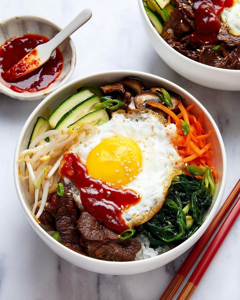A white bowl filled with a colorful bibimbap dish arranged in layers, starting with white rice at the bottom. On top, a sunny-side-up egg with a bright yellow yolk sits in the center, partially covered in red chili sauce. Around the egg, there are sections of different ingredients: dark brown cooked beef slices with a glossy texture, green sautéed spinach with a slightly wilted look, thin orange carrot strips, light beige bean sprouts, light green grilled zucchini slices, and dark brown sautéed mushrooms. The bowl is placed on a white marbled surface next to a pair of red and wood chopsticks and a small white bowl filled with more red chili sauce, with a small white spoon inside. Photo taken with an iphone --ar 4:5 --v 7