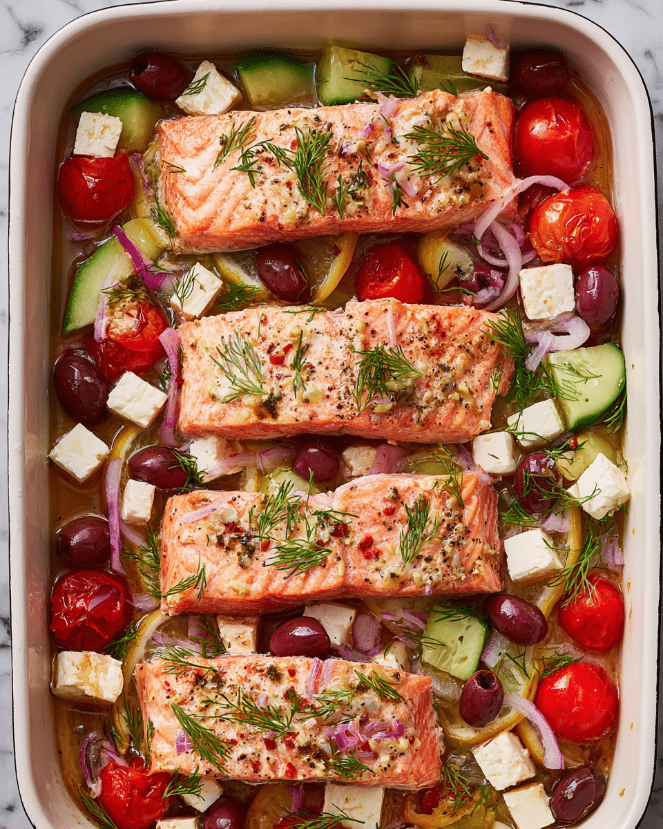 A white rectangular baking dish holds four cooked salmon fillets with a pinkish-orange color and a slightly shiny, moist texture. They are topped and surrounded by scattered cubes of white feta cheese, red cherry tomato halves, green cucumber chunks, slices of purple olives, and small bits of red onion. Fresh green dill sprigs are sprinkled on top, adding a delicate leafy texture. The dish has an oily, glossy sheen, and the ingredients rest on a base of thin lemon slices. The background is a white marbled texture. photo taken with an iphone --ar 4:5 --v 7