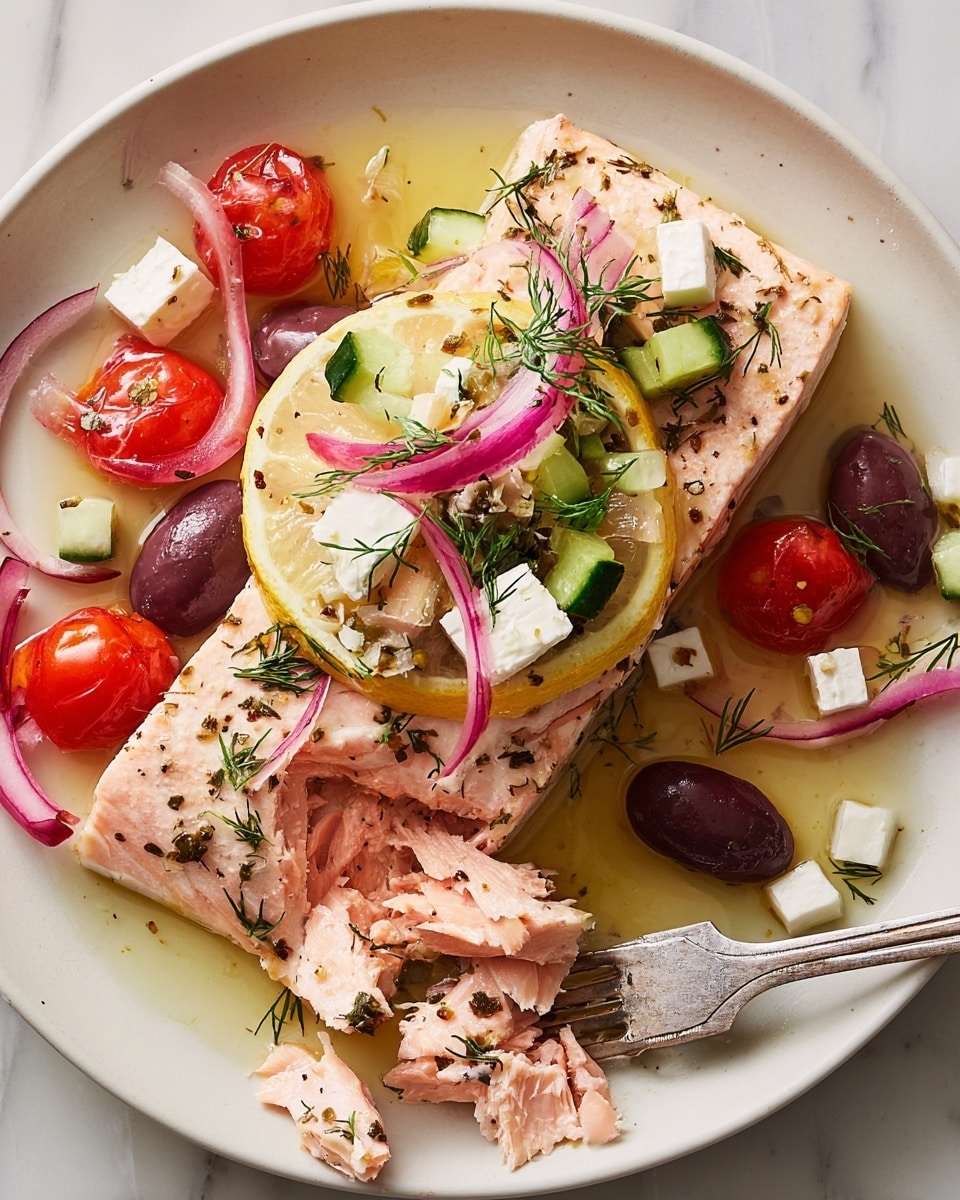 The image shows a white plate with a cooked piece of pink salmon placed on top of a thin lemon slice. The salmon is covered with small cubes of white feta cheese, chopped green cucumber, and red onion bits, along with some dark olives and fresh dill sprigs. Around the salmon, there are red cherry tomato halves and rings of red onion, all sitting in a light oily sauce. A silver fork is resting on the plate, holding flaked pieces of the salmon. The plate is set on a white marbled surface. photo taken with an iphone --ar 4:5 --v 7