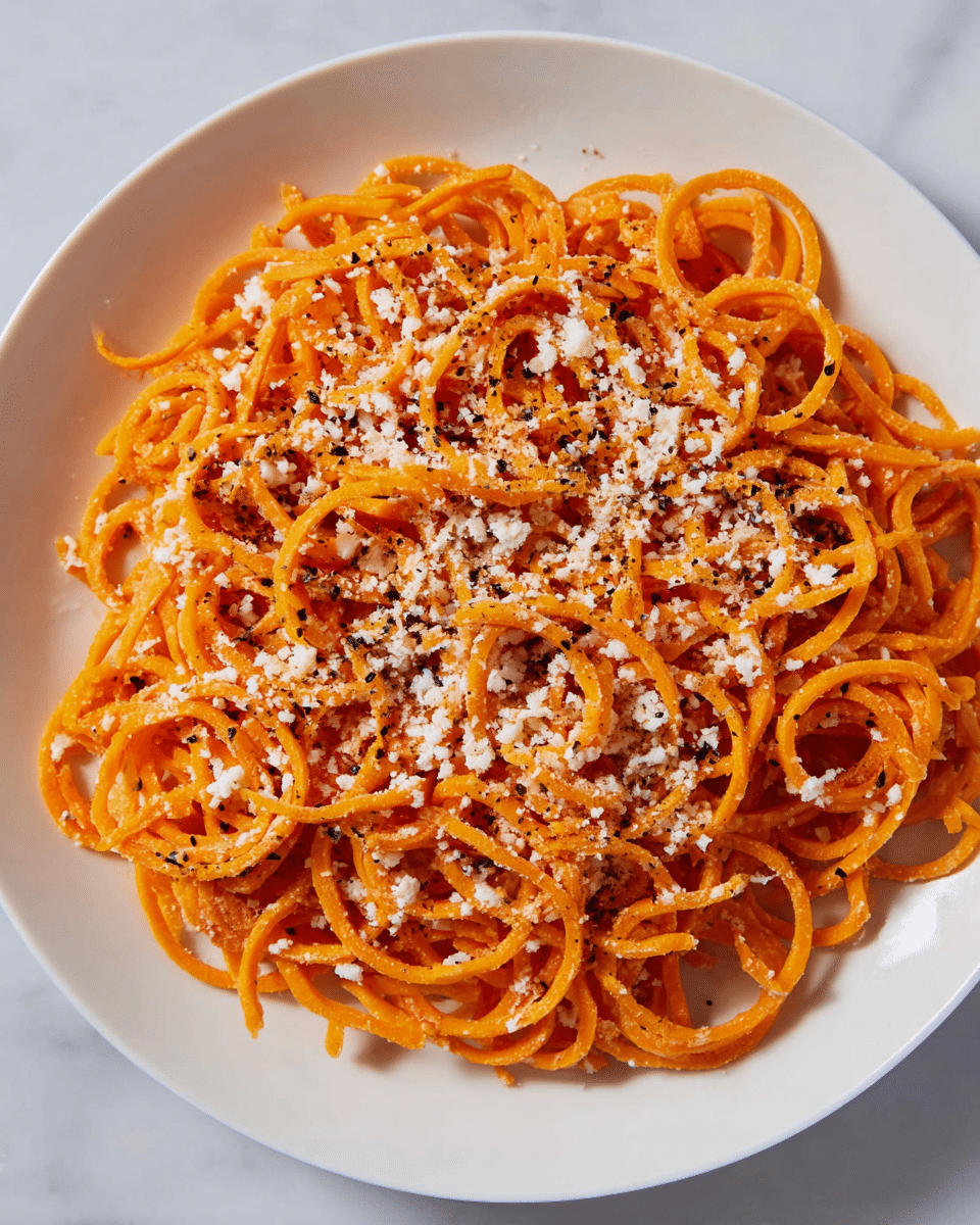 A white plate filled with one layer of orange spiralized sweet potato noodles, topped evenly with a light sprinkling of finely grated white cheese and small black pepper flakes scattered throughout. The noodles have a slightly moist texture and are arranged loosely but cover the entire plate surface. The photo background is a white marbled texture. photo taken with an iphone --ar 4:5 --v 7
