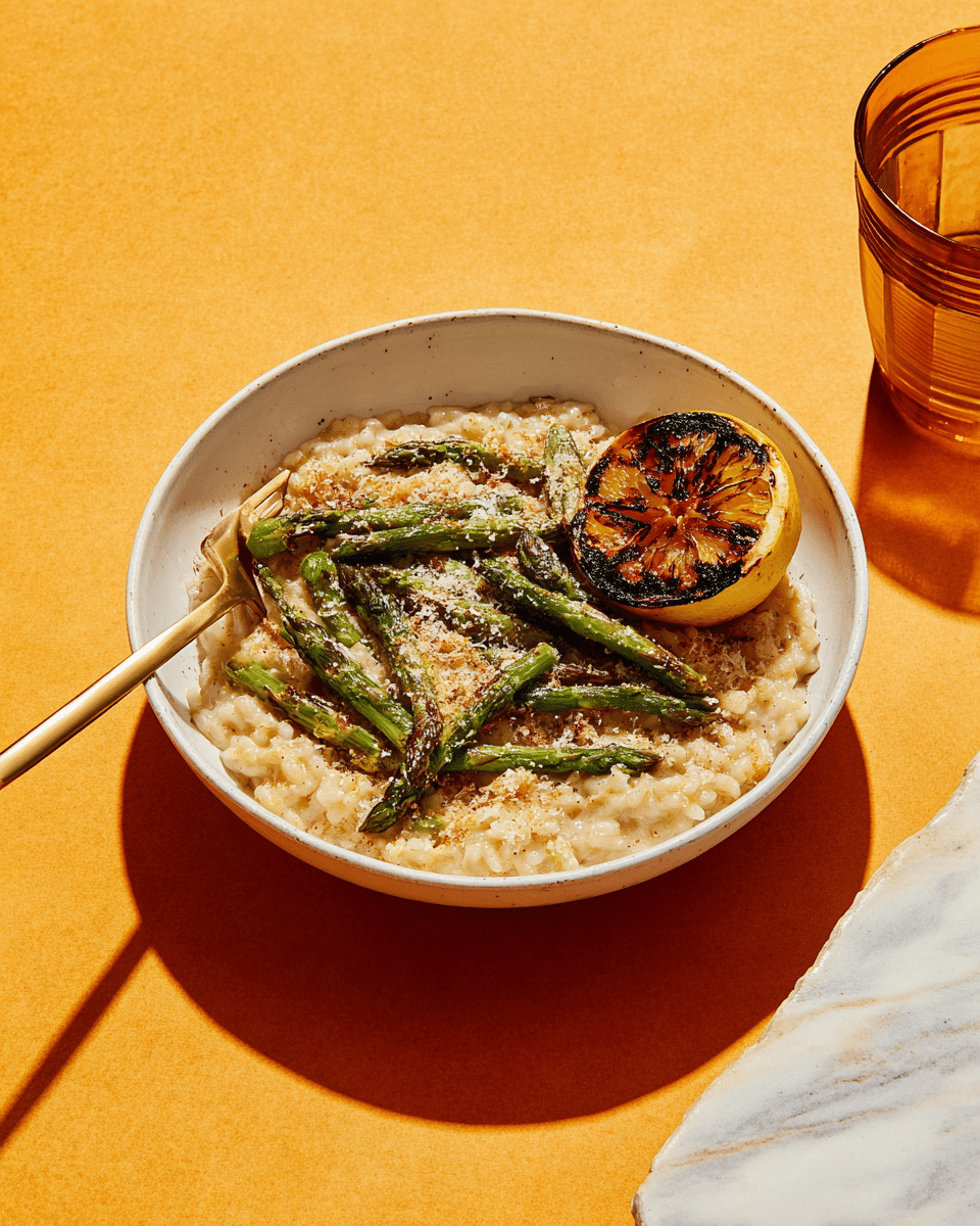 A white bowl filled with creamy risotto as the base layer, light brown in color with a soft, slightly wet texture. On top of the risotto, there are bright green grilled asparagus spears scattered across, showing some char marks for a smoky look. Two charred lemon slices with a golden-brown and slightly blackened surface rest on one side of the bowl. The whole dish is sprinkled with a fine layer of grated cheese or breadcrumbs, adding a light dusting of pale cream color. A gold fork sits inside the bowl on the left side. The bowl is placed on a white marbled surface with a strong warm orange light casting a shadow, suggesting a cozy setting. Photo taken with an iphone --ar 4:5 --v 7