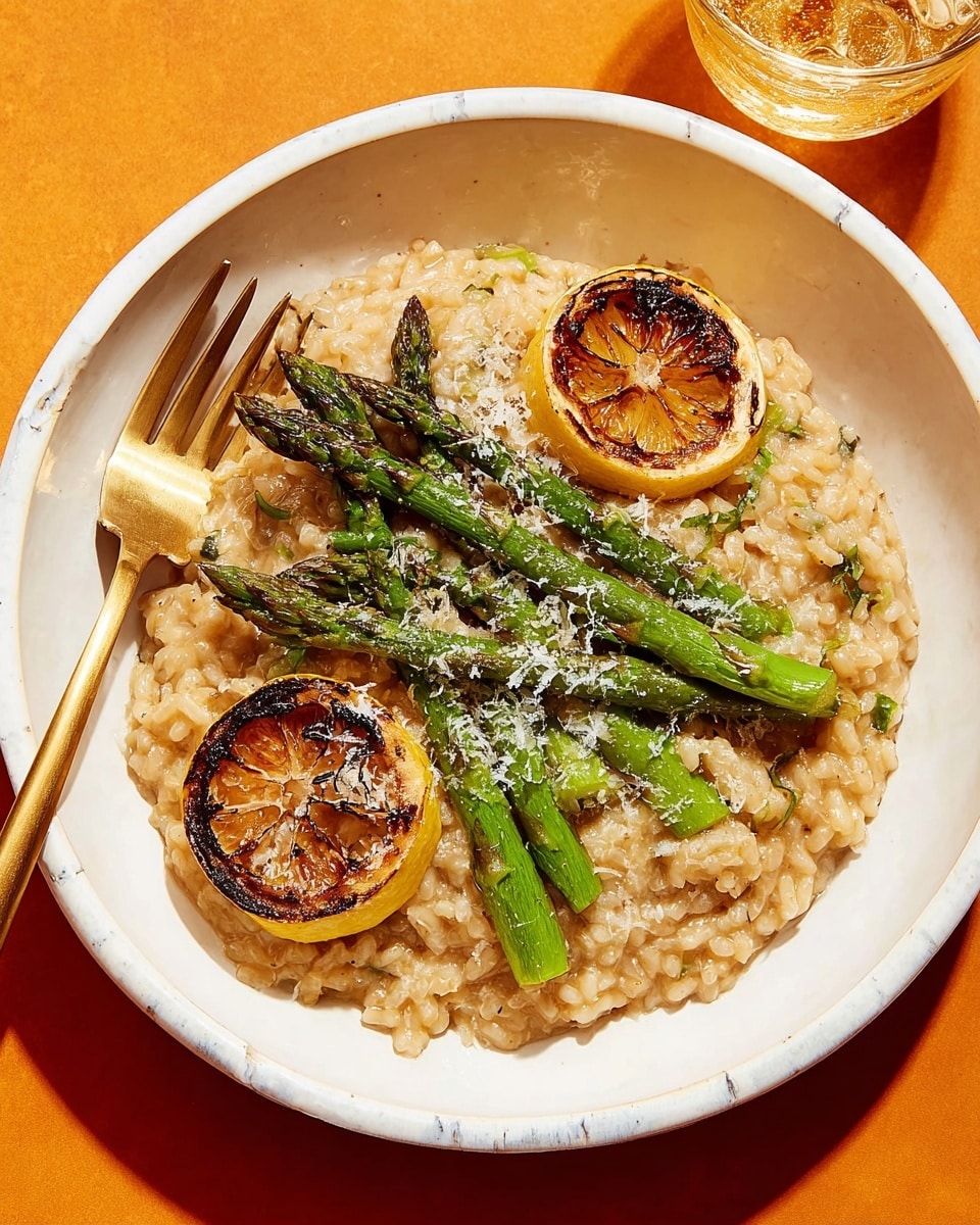 A white bowl filled with creamy risotto that has a light brown color and visible short rice grains. On top, there are several bright green grilled asparagus spears with some char marks. The risotto is sprinkled evenly with a light layer of grated cheese that looks powdery. Two slices of grilled lemon with dark brown char spots rest on the edge of the bowl. A gold fork is placed on the left side, touching the risotto. The bowl sits on a white marbled surface with an orange background. photo taken with an iphone --ar 4:5 --v 7