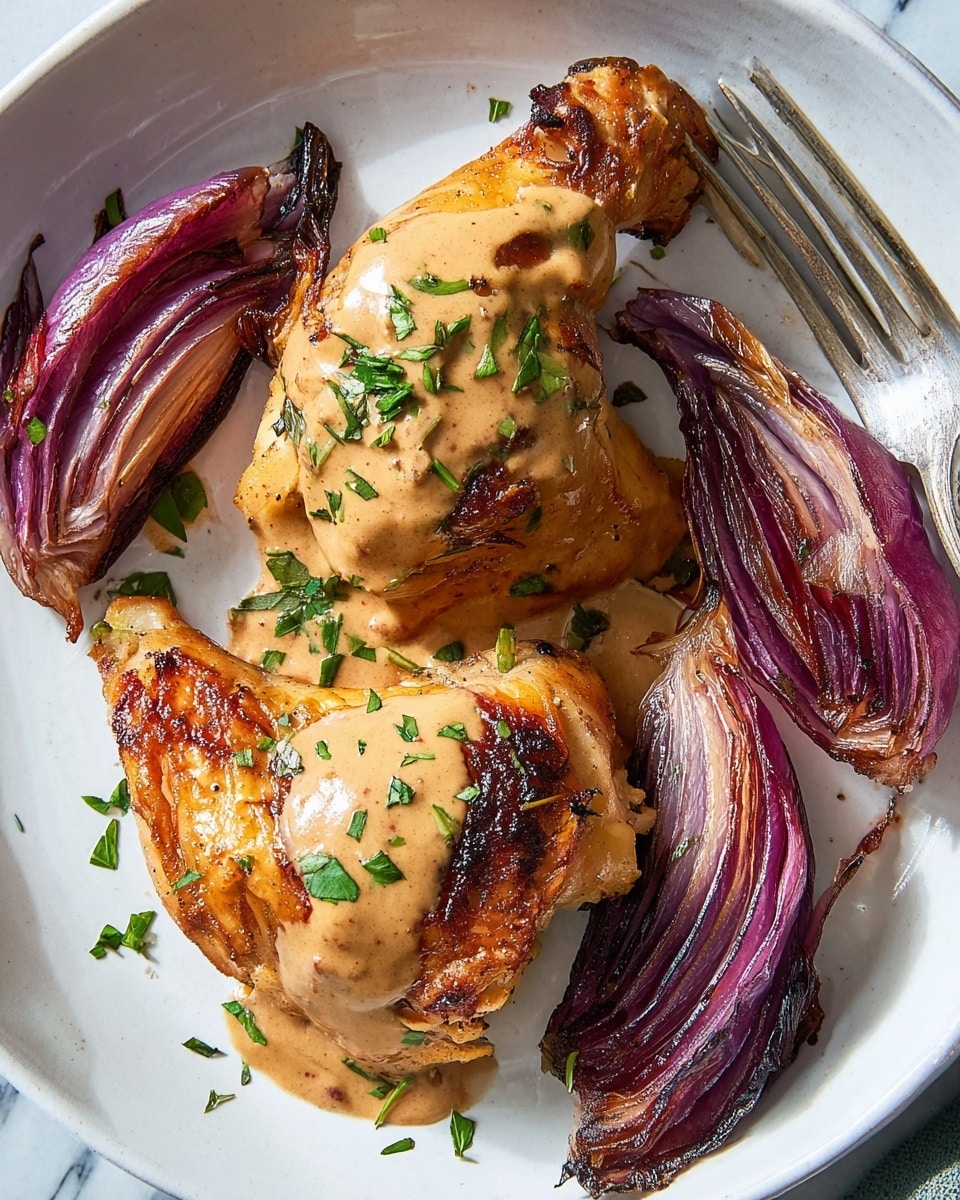 A white plate holds two pieces of cooked chicken with golden brown, crispy skin and a creamy brown sauce drizzled on top, sprinkled with fresh green herbs. Around the chicken are several wedges of roasted red onions, dark purple and slightly charred, showing soft layers inside. A fork rests on the right side of the plate, and the background is a white marbled texture. photo taken with an iphone --ar 4:5 --v 7