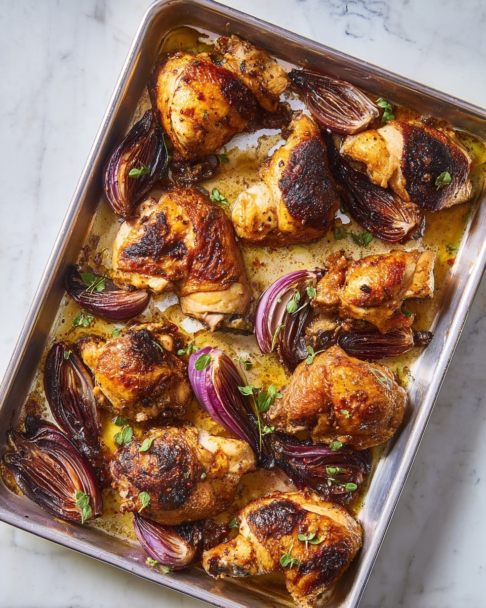 A silver baking tray holds eight pieces of roasted chicken with golden brown, crispy skin and some parts showing a darker char. The chicken pieces vary in size and shape, covering the tray in a scattered arrangement. Around and between the chicken, there are sliced roasted red onions with deep purple, almost blackened edges and caramelized soft centers. Fresh small green herb leaves are sprinkled lightly over the chicken and onions. The tray has a glossy layer of cooking oil and browned spots from roasting. The whole scene sits on a white marbled surface. Photo taken with an iphone --ar 4:5 --v 7