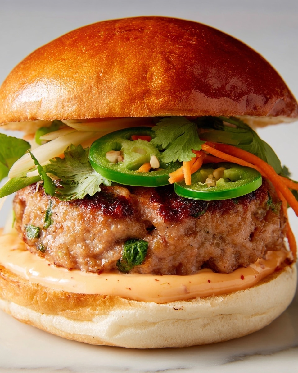 The image shows a close-up of a sandwich with five visible layers. The top layer is a shiny, golden-brown toasted bun with a smooth texture. Below it is a layer of fresh sliced green jalapeño and thin orange carrot sticks mixed with bright green cilantro leaves, resting on a creamy pale orange sauce. The main layer is a thick, browned grilled meat patty with a slightly rough texture and specks of herbs. Underneath the patty is another spread of the same creamy orange sauce with a few cilantro leaves scattered on top. The sandwich sits on a soft, lightly toasted white bun with a slightly spongy texture at the bottom, all placed on a white marbled surface. photo taken with an iphone --ar 4:5 --v 7