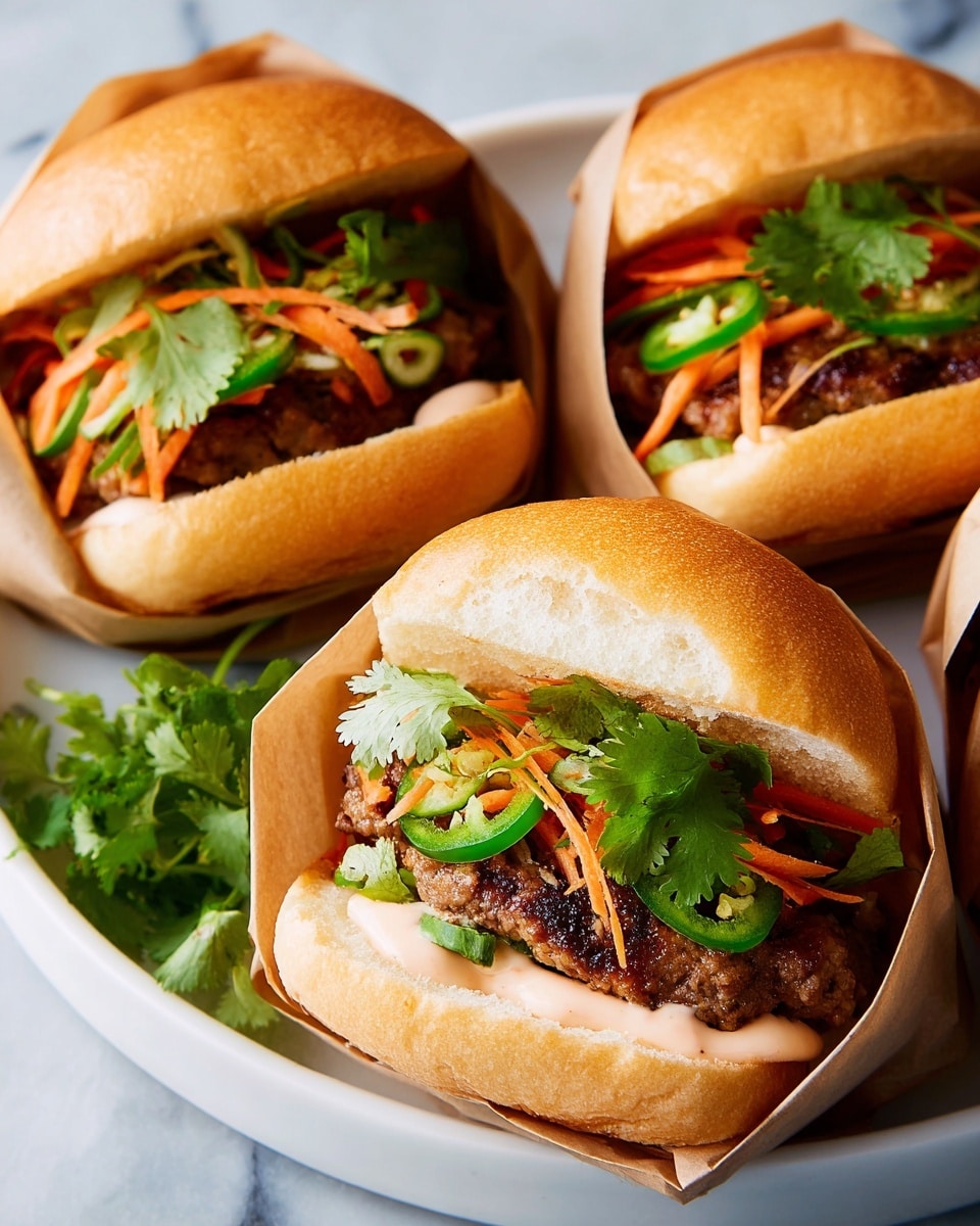 Three sandwiches are placed together on a round white plate with a white marbled surface underneath. Each sandwich is wrapped partially in brown paper and has a shiny, golden-brown soft bun on top. Inside the bun, there is a grilled, browned meat patty with a slightly crispy texture. On top of the meat, there are thin, bright orange carrot strips, fresh green cilantro leaves, and slices of green jalapeno peppers. A light pink creamy sauce is spread beneath the meat patty, visible along the edges of the bun. Small piles of fresh cilantro and extra vegetable strips are scattered around the plate. Photo taken with an iphone --ar 4:5 --v 7
