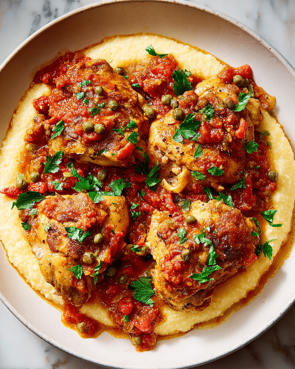 A close-up of a white plate filled with a creamy, pale yellow layer of soft grits spread as the base, topped with four pieces of golden brown roasted chicken thighs with a crispy skin. The chicken is covered with a chunky reddish-brown tomato-based sauce with visible small diced onions, red peppers, and capers. Bright green parsley leaves are scattered over the chicken and grits, adding a fresh contrast. The plate is set on a white marbled surface. photo taken with an iphone --ar 4:5 --v 7