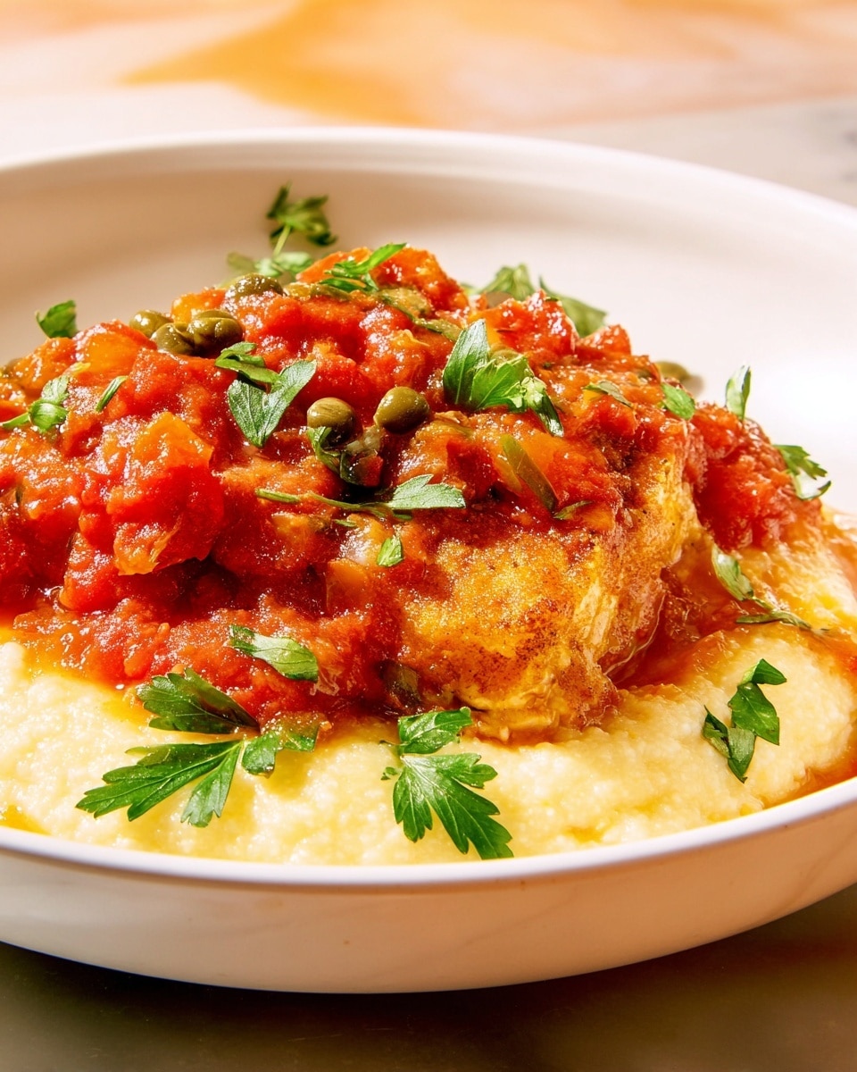 A white shallow bowl holds a dish with three main layers. The bottom layer is creamy, pale yellow grits with a smooth, soft texture. On top of the grits is a thick, golden-brown fried piece with a crispy crust. The uppermost layer is a chunky bright red tomato-based sauce with small green capers and bits of herbs, garnished with fresh green parsley leaves scattered on top. The background shows a soft warm blur with light orange tones, and the dish is set on a white marbled surface. photo taken with an iphone --ar 4:5 --v 7