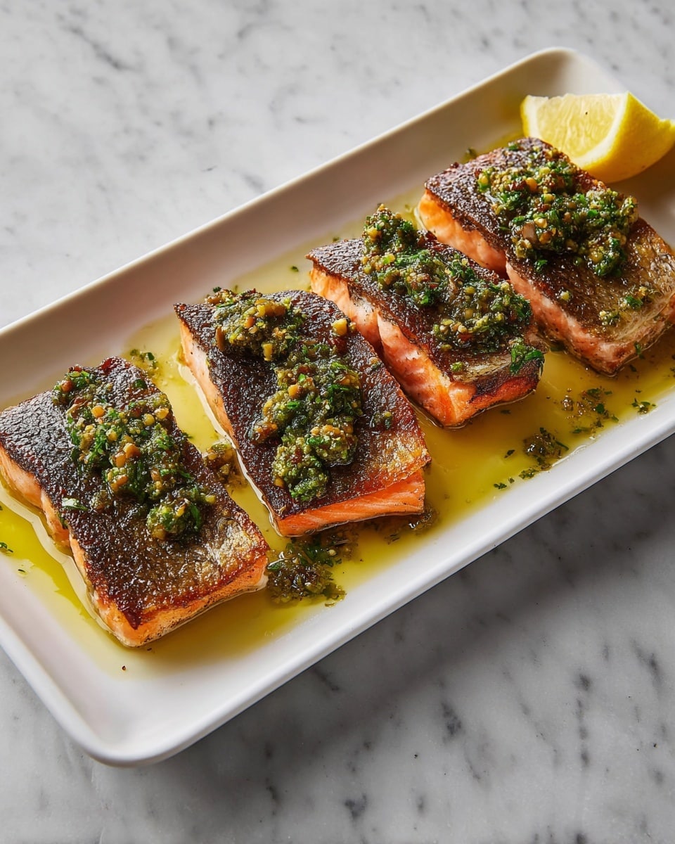 Four pieces of cooked fish with dark brown crispy skin form a row on a white rectangular plate, each piece topped with a bright green chunky herb and nut sauce. The fish flesh underneath is pinkish-orange and slightly visible along the edges. The plate has a small yellow lemon wedge in the top right corner, and the fish sits in a thin pool of golden oil that shines under the light. The backdrop is a white marbled surface. photo taken with an iphone --ar 4:5 --v 7