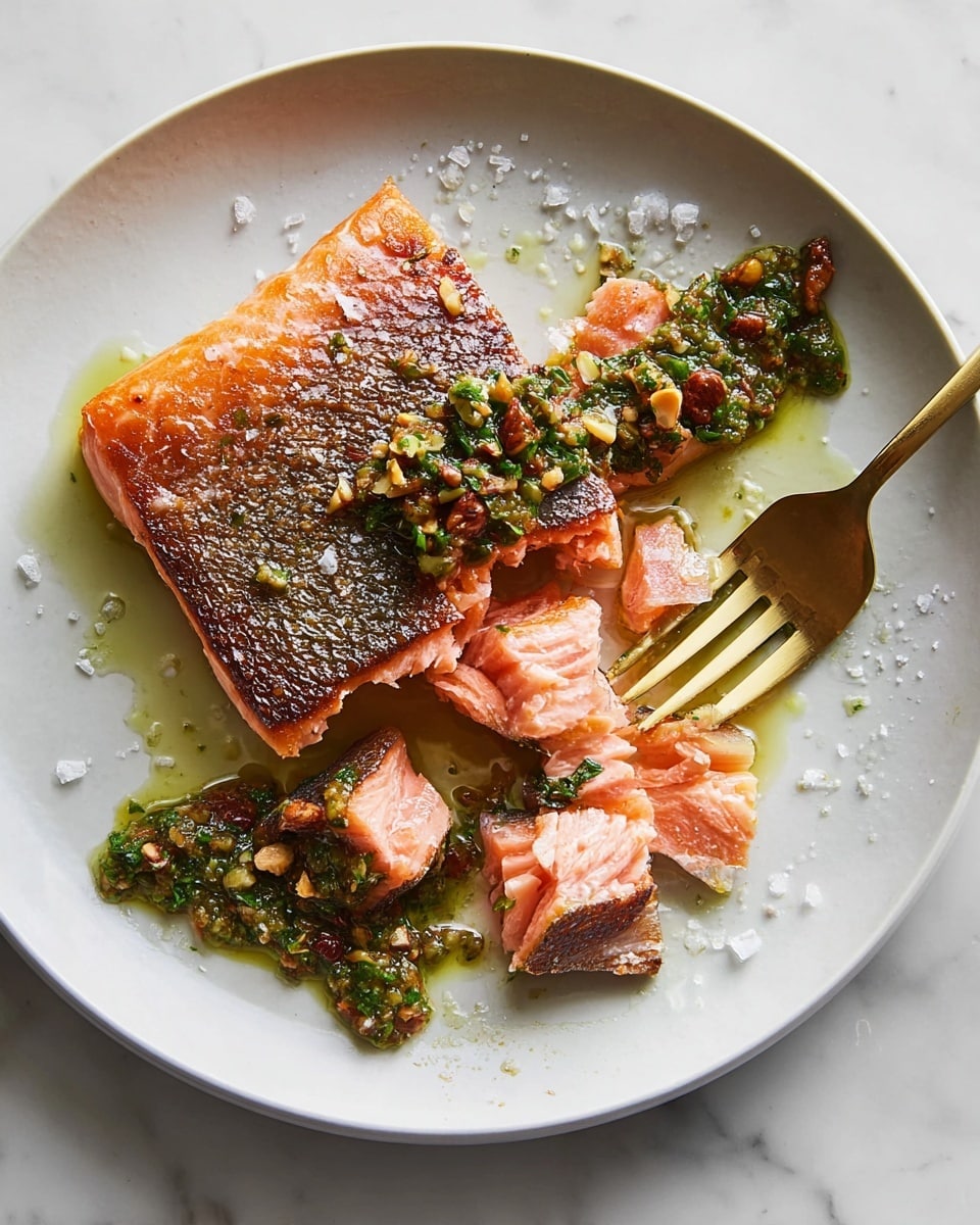 A white plate on a white marbled surface holds a single piece of cooked salmon with crispy brown skin on top and tender pink flesh underneath. The salmon is partially cut into small chunks, with some pieces held by a gold fork on the right side of the plate. On and beside the fish, there is a green chunky sauce with bits of herbs and nuts mixed with oil, adding texture and color contrast. Coarse salt flakes are scattered around the plate, enhancing the visual appeal. Photo taken with an iphone --ar 4:5 --v 7