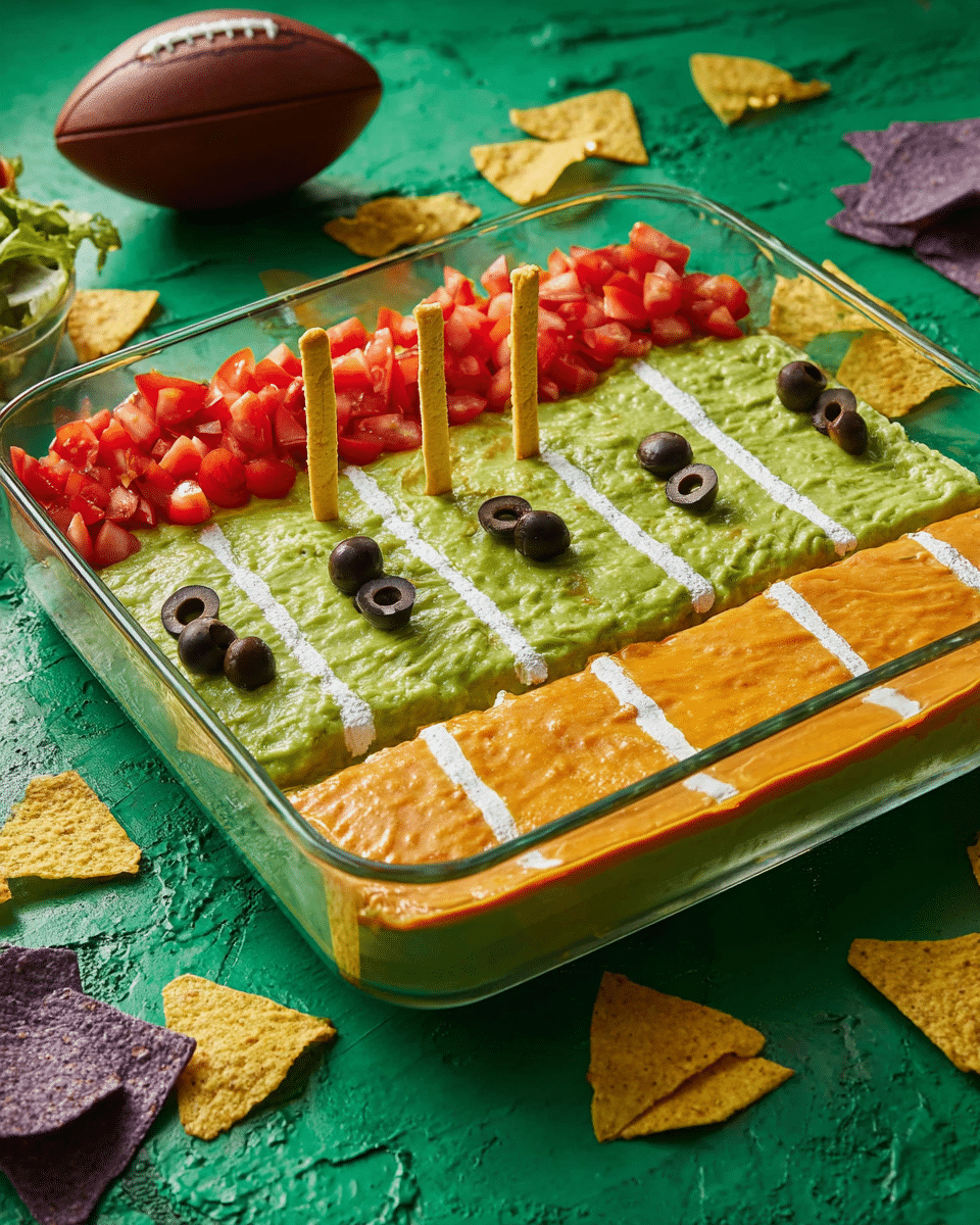 The dish is served in a clear rectangular glass dish with three distinct layers arranged side by side. On the left, there is a layer of finely chopped bright red tomatoes, followed by a thick, smooth, light green guacamole spread in the middle, which is decorated with white lines made from a creamy substance to resemble football field yard lines. Small vertical slices of orange carrot act as stands for green and black olives placed on top, resembling players on the field. On the right, there is a layer of creamy orange cheese dip. Two fried tortilla strips are placed upright in the cheese layer, shaped like goalposts. The dish rests on a green surface with scattered yellow and purple tortilla chips around it, and a white marbled texture is seen beneath. Photo taken with an iphone --ar 4:5 --v 7