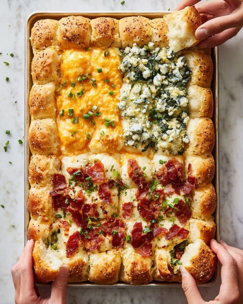 4-Way Cheesy Baked Dip with Biscuits, Buffalo Chicken, Spinach-Artichoke, and Pizza Flavors Recipe