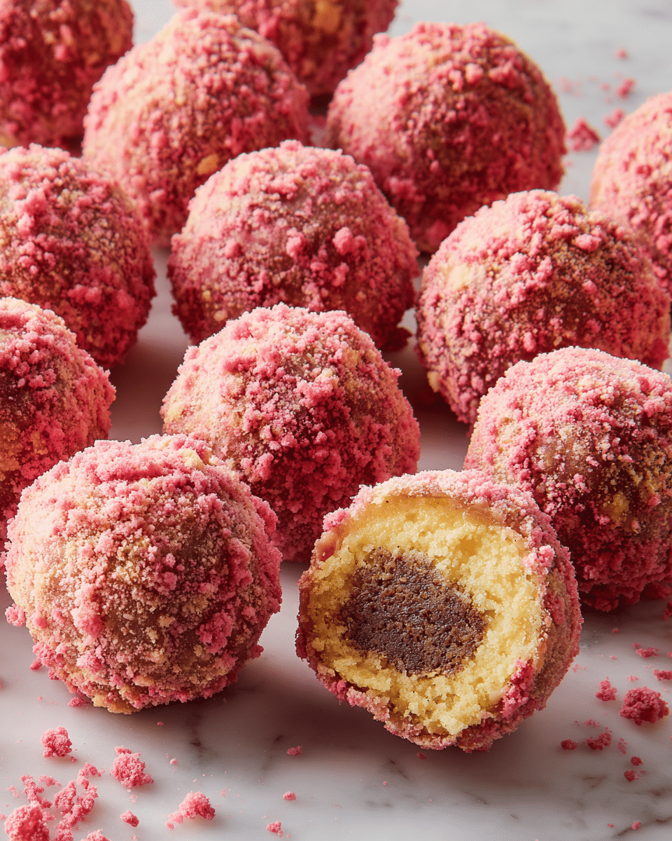 The image shows many round dessert balls covered in a crumbly pink coating with tiny bits that add texture on the outside. One ball is cut open in the front, revealing two layers inside: the outer layer is pale yellow and smooth but crumbly, while the inner layer is darker brown and dense with a slightly grainy texture. The balls are placed close together on a white marbled surface, and some of the pink crumbs are scattered around them. photo taken with an iphone --ar 4:5 --v 7